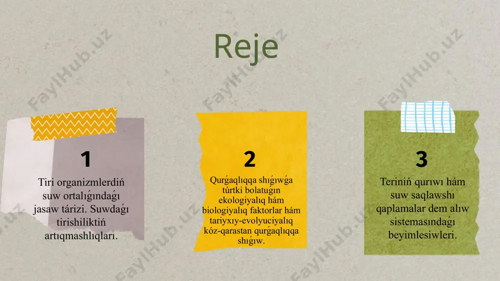 jeli jasaw imkanın beredi. sonıń menen birge, olardıń kópshiligi qorshaǵan ortalıqtaǵı fizikalıq hám ximiyalıq ózgerislerge sezgir bolıp, jasaw sharayatlarınıń ózgeriwine tez juwap bere aladı. soǵan qaramastan, uzaq evolyucion procesler dawamında ayırım suw organizmleri qurgaqlıqqa shigiwga umtilgan. bul umtılıw, tiykarınan, suwdaǵı tirishiliktiń sheklengenligi, kislorod jetispewshiligi, azıq-awqat básekisi hám jańa jasaw orınların iyelew zárúrligi menen baylanıslı bolǵan. solay etip, tirishiliktiń qurǵaqlıqqa shıǵıw basqıshı tábiyattaǵı eń áhmiyetli evolyucion burılıslardan biri bolıp esaplanadı. suw ortalıǵında jasawshı organizmler evolyuciya procesinde hár qıylı fiziologiyalıq, morfologiyalıq hám minez-qulıq qásiyetlerin rawajlandırgan bolıp, bul olardıń tirishilik iskerligin suwda dawam ettiriwine imkan beredi. biraq, suw ortalıǵı, sırtqı kórinisinen qolaylı kórinse de, bazı sheklewlerge iye. bul sheklewler organizmlerdiń ortalıqqa bolgan talapların tolıq qanaatlandıra almawı nátiyjesinde jaña jasaw orınlarına umtılıw procesin baslap bergen.suwda háreketleniw ushın beyimlesken dene dúzilmeleri, máselen, júziwshiler, elastik dene forması hám teńsalmaqlıqtı saqlawshı dúzilmeler, haywanlarǵa nátiyjeli háreketleniw imkaniyatın beredi. sonday-aq, suwda tarqalıwshı ses hám terbelislerge sezgirligi joqarı bolıp, bul …