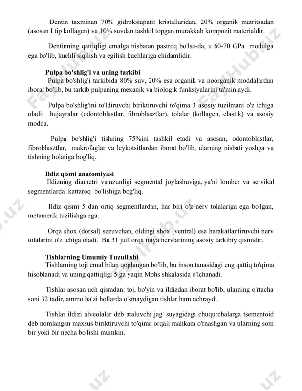 'lib, kuchli siqilish va egilish kuchlariga chidamlidir. pulpa bo'shlig'i va uning tarkibi pulpa bo'shlig'i tarkibida 80% suv, 20% esa organik va noorganik moddalardan iborat bo'lib, bu tarkib pulpaning mexanik va biologik funksiyalarini ta'minlaydi. pulpa bo'shlig'ini to'ldiruvchi biriktiruvchi to'qima 3 asosiy tuzilmani o'z ichiga oladi: hujayralar (odontoblastlar, fibroblasztlar), tolalar (kollagen, elastik) va asosiy modda. pulpa bo'shlig'i tishning 75%ini tashkil etadi va asosan, odontoblastlar, fibroblasztlar, makrofaglar va leykotsitlardan iborat bo'lib, ularning nisbati yoshga va tishning holatiga bog'liq. ildiz qismi anatomiyasi ildizning diametri va uzunligi segmental joylashuviga, ya'ni lomber va servikal segmentlarda kattaroq bo'lishiga bog'liq. ildiz qismi 5 dan ortiq segmentlardan, har biri o'z nerv tolalariga ega bo'lgan, metamerik tuzilishga ega. orqa shox (dorsal) sezuvchan, oldingi shox (ventral) esa harakatlantiruvchi nerv tolalarini o'z ichiga oladi. bu 31 juft orqa miya nervlarining asosiy tarkibiy qismidir. tishlarning umumiy tuzuilishi tishlarning toji emal bilan qoplangan bo'lib, bu inson tanasidagi eng qattiq to'qima hisoblanadi va uning qattiqligi …