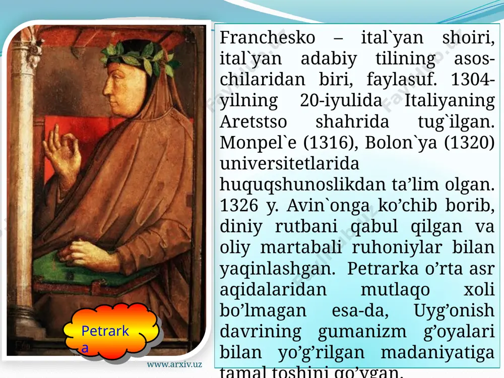 www.arxiv.uz men aqldan ozaman, agar topolmasam ma’shuqdan nishon, yurak bo’lur zo’r ishqqa kuldon, raqibamdan yetmasa xabar. kamolidan yetsa bir asar… toza jamol yetkazar qayg’u, ko’k yashirgan ma’suma oy u, u nurafshon, u durri akbar. osmonni tark etgandek xurshid, lablarimdan to’kilar hayot, tiriklik – bu chirib tushgan chit. suygulimdan yetmaydi najot, qirchillama men kabi yigit judo bo’lar sevgidan, nahot?!. www.arxiv.uz ozurda jon, atrofni tani: shu tepada, shunda kecha-kun. duch kelgandi iqboli nigun. bizni tashlab ketdimi, qani? endi bunda qolaylik, do’stim. ko’rinarmi uzoqlardan yor, yordan boshqa qayg’ular bekor, do’st, ustingda ilohiy po’stin. xun yurakka yana so’z qotding, tushmagandek o’rtaga hijron, qachonki sen sog’inchga botding – sevding! seni tark etdi shu on, o’zga qalbda uni uyg’otding, otdi seni dil qa’ri tomon. www.arxiv.uz www.arxiv.uz e`tiboringiz uchun raxmat!   www.arxiv.uz image2.jpeg image3.jpeg image4.wmf image5.jpeg image6.jpeg image7.jpeg image8.jpeg image9.jpeg image10.jpeg image11.jpeg image12.wmf image13.jpeg image14.jpeg