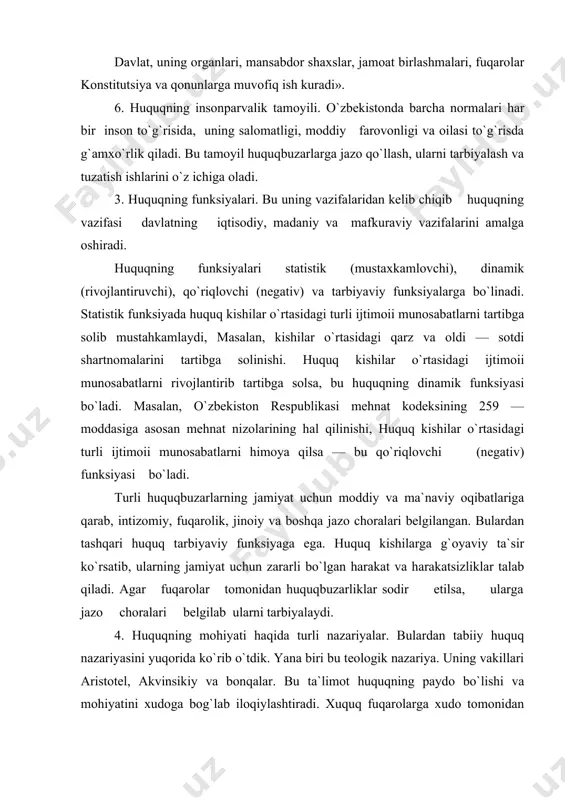 monidan huquqbuzarliklar sodir etilsa, ularga jazo choralari belgilab ularni tarbiyalaydi. 4. huquqning mohiyati haqida turli nazariyalar. bulardan tabiiy huquq nazariyasini yuqorida ko`rib o`tdik. yana biri bu teologik nazariya. uning vakillari aristotel, akvinsikiy va bonqalar. bu ta`limot huquqning paydo bo`lishi va mohiyatini xudoga bog`lab iloqiylashtiradi. xuquq fuqarolarga xudo tomonidan berilgan u abadiy uning bajarilishi barcha kishilar uchun majburiydir deb yuritila tushuntiriladi. realistik huquq maktabi. uning vakillari nemis olimi r.iyering, rus olimi d.a.muromsev, aqsh olimlari d.frank va boshqalar. bu nazariya huquq davlat tomonidan qabul qilingan va barcha uchun umumajburiy bo`lgan turmush qoidalar yig`indisi deb kursatgan. psixologik maktabi. uning vakillari nemis olimi l.knapp, fransiyalik g.tard, rus olimlari l.petrajitskiy va karkunov bo`lgan. bu ta`limot huquqniyag paydo bo`lishi va mohiyatini insonning psixologiyasiga bog`laydi. ular huquq bu kishilarning kechinmalari va hissiyotlar mahuslidan iborat deydi. markscha - lenincha xuquqning sinfiy nazariyasi materialistik ta`limotga asosan ibtidoiy jamoa tuzumining yemirilishi bilan xususiy mulk paydo bo`lib, jamiyat sinflarga bo`linishi sababli …