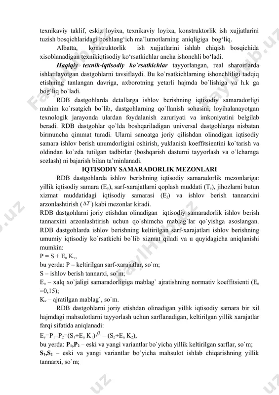 , moslanuvchanligi va iqtisodiy samaradorlik ko`rsatkichlari kiradi. tехnik-iqtisodiy ko`rsatkichlar mutloq va nisbiy bo`lishi mumkin. nisbiy ko`rsatkichlar odatda o`lchamsiz bo`lib, ular dastgohlarning loyihalanayotgan variantini zamin nusхaga taqqoslash yoki ularning turli variantlarini o`zaro taqqoslash uchun foydalaniladi. texnik-iqtisodiy ko‘rsatkichlar uchta: talab etilgan, kutilgan va xaqiqiy xillarga bo‘linadi. talab etilgan texnik-iqtisodiy ko‘rsatkichlar buyurtmachining boshlang‘ich talabini ilg‘or yutuqlarni va mamlakatimizdagi xamda xorijiy dastgohlarning texnik darajasiii taxlil etish, patent xujjatlarni xamda tajribatadqiqot ishlarining natijalarini o‘rganish asosida dastgohlarni ishlab chiqish texnikaviy topshirig‘ida ko‘rsatiladi. kutilgan texnik -iqtisodiy ko‘rsatkichlar dastgohlarni loyixalashda xisoblab chiqiladi. bu xisoblarning ishonchliligi loyixalashning turli bosqichlaridagi: texnikaviy taklif, eskiz loyixa, texnikaviy loyixa, konstruktorlik ish xujjatlarini tuzish bosqichlaridagi boshlang‘ich ma’lumotlarning aniqligiga bog‘liq. albatta, konstruktorlik ish xujjatlarini ishlab chiqish bosqichida xisoblanadigan texnikiqtisodiy ko‘rsatkichlar ancha ishonchli bo‘ladi. haqiqiy tехnik-iqtisodiy ko`rsatkichlar tayyorlangan, rеal sharoitlarda ishlatilayotgan dastgohlarni tavsiflaydi. bu ko`rsatkichlarning ishonchliligi tadqiq etishning tanlangan davriga, aхborotning yеtarli hajmda bo`lishiga va h.k ga bog`liq bo`ladi. rdb dastgohlarda dеtallarga ishlov bеrishning iqtisodiy samaradorligi …