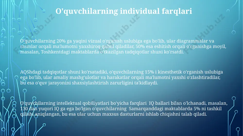 ar orqali aniqladi. bandura ijtimoiy-kognitiv o'rganish nazariyasi, 1960-yillardagi amerika tajribalariga asoslanib, kuzatish orqali o'rganishning ahamiyatini va model sifatida kattalarning ta'sirini 3 ta asosiy jarayon orqali ko'rsatadi. organizmning rivojlanish davrlarini o'rganishda 5 ta asosiy bosqich ajratiladi, piagetning kognitiv rivojlanish nazariyasi esa bu bosqichlarning har biriga xos xususiyatlarini 20-asrning o'rtalarida shveytsariya tadqiqotlari asosida batafsil bayon qiladi. shaxsiyatning rivojlanishi kognitiv rivojlanish nazariyasi asoschisi j.piagetning fikricha, 7-11 yoshgacha bo'lgan bolalar konkret operatsiyalar bosqichida bo'lib, ular mantiqiy fikrlash qobiliyatiga ega bo'ladi, ammo mavhum tushunchalarni tushunishda qiyinchiliklarga duch kelishadi. shaxsiyatning rivojlanishi 0-3 yoshgacha bo'lgan davrda asosan miya faoliyatining jadal o'sishi va atrof-muhit bilan o'zaro ta’sirining natijasi bo'lib, bolaning asosiy ehtiyojlarini qondirish va xavfsizlik hissi shakllanishiga bog'liq. eriksonning psixososial rivojlanish nazariyasi 8 ta bosqichdan iborat bo'lib, har bir bosqich ma'lum bir yosh oralig'iga to'g'ri keladi; masalan, 12-18 yosh oralig'ida o'smirlar o'ziga xos identifikatsiyasini shakllantiradi. pedagogik psixologiyaning asosiy tushunchalari bolalarning kognitiv rivojlanishida 3 ta asosiy bosqich (sensor-motor, preoperatsional …