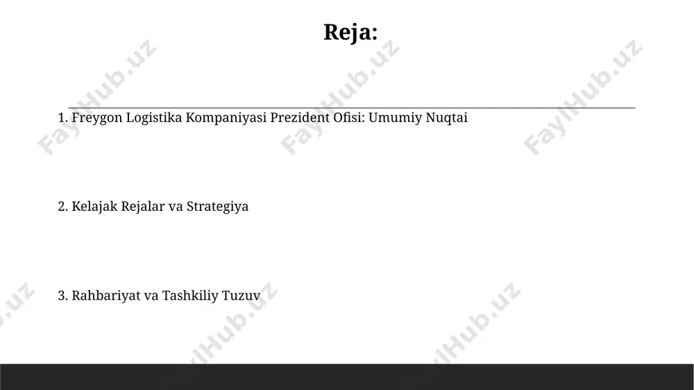 ortiq muhim qarorlar qabul qilinadi, ulardan 70 foizi strategik yo'nalishlarni belgilash bilan bog'liq. moliyaviy hisobotlar va byudjet компания бюджетининг 60% ишлаб чиқариш харажатларига, 25% маркетинг ва сотишга, қолган 15% эса бошқарув харажатларига йўналтирилган. бу тақсимланиш стратегик режага мувофиқ амалга оширилган. 2022 йил якуни бўйича компаниянинг соф фойдаси 15 миллиард сўмни ташкил этди, бу ўтган йилга нисбатан 10% га ўсишдир. бу ўсиш асосан юк ташиш ҳажмининг кўпайиши ва самарадорликни ошириш чоралари билан боғлиқ. boshqaruv tuzuimi va tashkiloti kompaniya boshqaruv tuzumida 3 bosqichli qaror qabul qilish mexanizmi qoʻllaniladi, bu esa jarayonlarning samaradorligini 20% ga oshiradi. freygon logistika kompaniyasining prezident idorasida 5 ta asosiy boʻlim mavjud boʻlib, ularning har biri 10-15 nafar mutaxassisdan iborat. innovatsiyalar va texnologiyalar freygon logistika kompaniyasi prezident idorasida gps-monitoring tizimi orqali 1500 dan ortiq yuk mashinasining real vaqtda joylashuvini kuzatish va optimallashtirish imkoniyati mavjud. sun'iy intellekt asosidagi prognozlash tizimi, yetkazib berish muddatlarini aniqlash va logistika tarmog'ini rejalashtirishda xatoliklarni 12% …