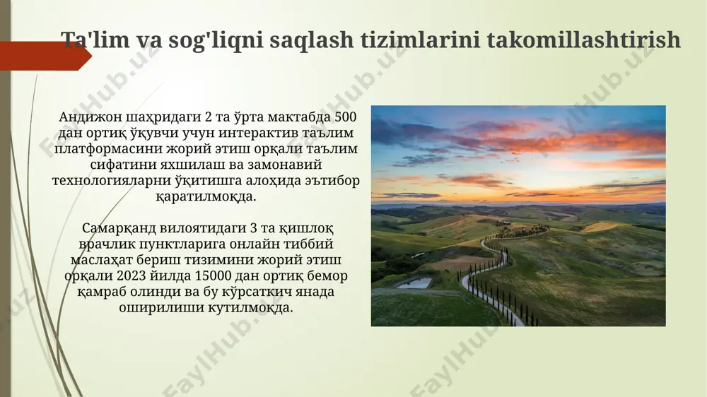 qavatli binolar zilzilaga chidamlilik bo'yicha yangilangan standartlarga muvofiq qayta quriladi. farg'ona vodiysida 50 dan ziyod qishloq aholi punktlarida quyosh panellaridan foydalanish orqali energiya ta'minotini diversifikatsiya qilish loyihasi amalga oshiriladi. ish joylarini yaratish va iqtisodiy rivojlanish тошкент шаҳридаги "ёшлар шаҳарчаси" лойиҳаси 2025 йилгача 5000 дан ортиқ янги иш ўринларини яратишни ва 10 миллиард сўмлик инвестицияларни жалб қилишни режалаштирмоқда. самарқанд вилоятидаги кичик ва ўрта корхоналарни ривожлантириш дастури 2024 йилда 15% гача иш ўринлари сонини кўпайтириш ва экспорт ҳажмини 2 бараварга оширишни кўзда тутади. shahar rejalashtirish va boshqaruv tizimlarini takomillashtirish самарқанд вилоятидаги 10 та қишлоқ аҳоли пунктида янги, замонавий шаҳарсозлик ва бошқарув тизимлари жорий этилиб, аҳоли яшаш шароитини 30% яхшилаш мақсад қилинган. 2024 йилгача андижон шаҳрида ақлли шаҳар (smart city) концепцияси доирасида 15 та янги инновацион платформа жорий этилиб, шаҳар хизматларини рақамлаштириш даражасини 75% га ошириш кўзда тутилган. madaniy va tarixiy merosni saqlash va rivojlantirish хиванинг тарихий марказидаги 200 дан ортиқ уйнинг ташқи …