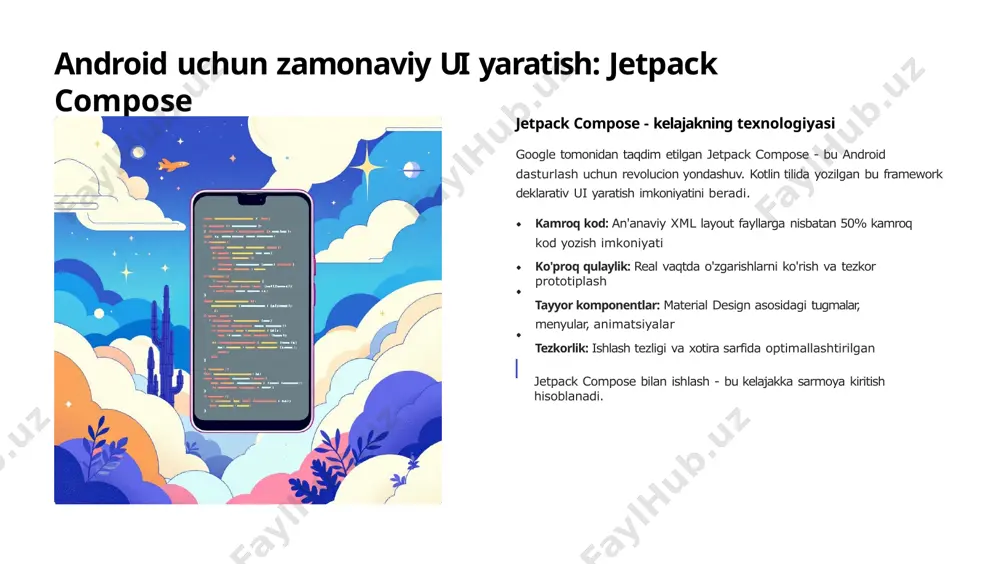 : to'liq jetpack compose asosida qurilgan material you: eng yangi material design 3 qo'llanilgan best practices: eng yaxshi amaliyotlarning timsoli open source: github'da bepul mavjud bu ilovani o'rganish orqali haqiqiy professional loyihalarda qanday yondashuvlar qo'llanilishini ko'rish mumkin. kod tuzilishi, arxitektura, dizayn tamoyillari - hammasi eng yuqori darajada amalga oshirilgan. xulosa: mukammal mobil interfeys yaratish yo'li foydalanuvchini markazga qo'yish har bir dizayn qarori foydalanuvchi manfaatlari asosida qabul qilinishi kerak. bu - muvaffaqiyat kaliti hisoblanadi. zamonaviy vositalarni uyg'unlashtirish jetpack compose, material design kabi zamonaviy vositalar va dizayn tamoyillarini uyg'unlashtirish orqali professional natijaga erishish. doimiy takomillashtirish har doim sinov va takomillashtirish orqali mukammallikka intilish. tugallangan loyiha degan tushuncha mavjud emas - har doim yaxshilash imkoniyatlari bor. sizning ilovangiz foydalanuvchilarning sevimli do'sti bo'lsin va ularning hayotini osonlashtirsin! mobil interfeys yaratish - bu san'at va ilmning uyg'unlagidir. texnik bilimlar, ijodkorlik va foydalanuvchilarga bo'lgan mehr-muhabbatni birlashtirib, ajoyib mahsulotlar yaratish mumkin. har bir pixel, har bir animatsiya …