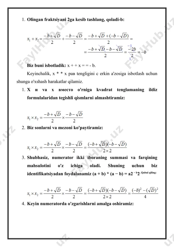 bo'ladi: agar m va n sonlarining yig'indisi x2 + bx + c = 0 ikkinchi koeffitsientiga teng bo'lsa, qarama-qarshi belgi bilan olingan va mahsulot erkin a'zoga teng bo'lsa, m va n raqamlari x2 + bx + c = 0 ga asoslangan. biz m va n summasining b ga teng ekanligini va mahsulot c ga tengligini aniqlaymiz. m va n raqamlari tenglamaning ildizlari ekanligini isbotlash uchun siz x o'rniga m va n harflarini almashtirishingiz kerak, keyin bir xil o'zgarishlarni amalga oshirishingiz kerak. agar o'zgarish natijasida chap qism nolga teng bo'lsa, unda m va n raqamlari x2 + bx + c = 0 ga asoslangan degan ma'noni anglatadi. 1. buni har ikki qismni -1 bilan ko'paytirish orqali amalga oshirish mumkin: 2. biz x o'rniga tenglamaga m o'rnini bosamiz, ifoda-m-n o'rniga b o'rnini bosamiz va mn ifodasi c o'rniga: x = m da to'g'ri tenglik olinadi. shunday qilib, m raqami kerakli ildiz. 3. …