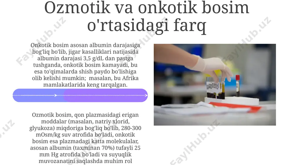 sul bo'lib, 0-salinli eritma bilan birgalikda 500-1000 ml qon yoki qon komponentlarini yuborish orqali bajarilishi mumkin. gipovolemik shok, qon hajmining 15-25% gacha kamayishi bilan tavsiflanadi va bu samarqanddagi shifoxonalarda tez-tez uchraydigan holatdir. qonning ozmotik bosimi nima? qonning ozmotik bosimi buyuk britaniyaning milliy sog'liqni saqlash xizmati (nhs) kabi tibbiyot muassasalari tomonidan buyrak kasalliklari, dehidratatsiya va boshqa turli kasalliklarni tashxislashda qo'llaniladi va 250 mosm/kg dan past bo'lsa, gipoosmotik holat ko'rsatkichi hisoblanadi. qonning ozmotik bosimi qon plazmasidagi erigan moddalar, masalan, natriy, glyukoza va boshqa elektrolitlarning konsentratsiyasi tufayli yuzaga keladi va taxminan 280-300 mosm/kg suvni tashkil etadi. kelajakdagi tadqiqotlar yo'nalishlari qonning ozmotik va onkotik bosimlarini aniqlashda yangi, aniqroq va 5% dan kam xatolikka ega bo‘lgan sensorlarni ishlab chiqarish bo‘yicha tadqiqotlarni o‘zbekiston milliy universiteti va toshkent tibbiyot akademiyasi hamkorligida olib borish kerak. qon quyish jarayonida ozmotik va onkotik bosimning tez o‘zgarishiga ta’sir qiluvchi omillarni aniqlash va bu o‘zgarishlarni 20-30% ga kamaytirish maqsadida, aqsh va yevropa …