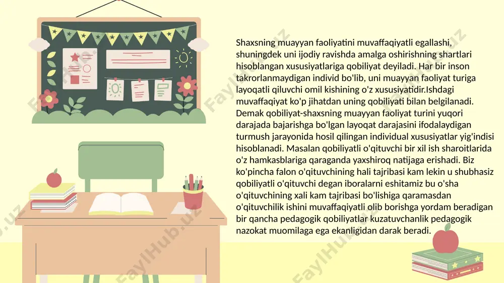 ayon eta olish,material yoki problemani aniq tushunarli qilib gapirib berish, o'quvchilarga mustaqil ravishda aktiv fikrlashga qiziqish uyg'otish qobiliyati.o'qituvchi zarur hollarda o'quv materialini o'zgartira olishi,soddalashtira olishi,qiyin narsani oson,murakkab narsani oddiy,noaniq narsani tushunarli qilib o'quvchilarga yetkaza olishi lozim.qobiliyatli o'qituvchi o'quvchilarning bilim va kamolot darajasini hisobga oladi,ularning nimani bilishlari-yu,nimani bilmasliklarini,nimani unutib qo'yganliklarini tasavvur etadi. 1. bilish qobiliyati-fanning tegishli sohalariga oid (matematika, fizika, adabiyot va boshqalarga oid) qobiliyatlar.bunday qobiliyatlarga ega o'qituvchi fanni o'quv kursi hajmdagina emas,balki ancha keng va chuqurroq biladi. o'z fani sohasidagi kashfiyotlarni hamisha kuzatib boradi,unga nihotda qiziqadi, ayrim tadqiqot ishlarini ham bajaradi. 3. kuzatuvchanlik qobiliyati-o'quvchining, tarbiyalanuvchining ichki dunyosiga kira olish qoiliyati,o'quvchi shaxsini juda yaxshi tushuna olish, psixik qobiliyatlarni kuzata olish qobiliyati.bunday o'qituvchi kichkinagina alomatlar, uncha katta bo'lmagan tashqi belgilar asosida, o'quvchining ruhiyatidagi ko'z ilg'amas o'zgarishlarni ham fahmlab oladi. 4. nutq qobiliyati- nutq yordamida, shuningdek imo- ishora vositasida o'z fikr hamda his- tuyg'ularini aniq va ravshan ifodalash qobiliyati. bu o'qituvchilik qobiliyati uchun …