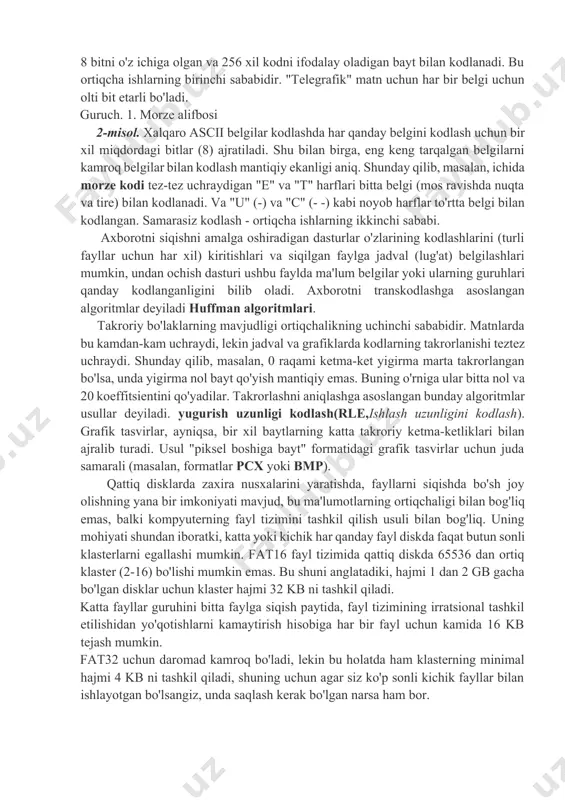 dasturi quyidagi usullardan biri bilan boshqariladi: · arxivlovchi dasturining nomi, boshqaruv buyrug'i va uning konfiguratsiya kalitlari, shuningdek arxiv va manba fayllar nomlarini o'z ichiga olgan ishga tushirish buyrug'i shakllanadigan buyruq qatoridan foydalanish; · dasturni ishga tushirgandan so'ng paydo bo'ladigan va foydalanuvchi uchun qulayroq ish muhitini yaratadigan menyu va funktsiya tugmachalari yordamida boshqarish imkonini beruvchi o'rnatilgan qobiq va dialog panellaridan foydalanish; - windows operatsion tizimidagi explorer kontekst menyusidan foydalanish. axborotni siqish algoritmlarini ishlab chiqish amaliy matematikaning tarmoqlaridan biriga kiradi. ular tabiiy ortiqchalikni bartaraf etish tamoyiliga asoslanadi. axborotni siqish usullari an'anaviy ravishda bir-biriga mos kelmaydigan ikkita sinfga bo'linadi: yo'qotadigan siqilish va yo'qotishsiz siqish. yo'qotilgan siqilish siqilgan arxivni ochgandan so'ng, boshida bo'lganidan bir oz farq qiladigan ma'lumotlar olinadi. shubhasiz, siqish nisbati qanchalik katta bo'lsa, yo'qotish miqdori shunchalik katta bo'ladi va aksincha. albatta, bunday algoritmlar matnli hujjatlar, ma'lumotlar bazasi jadvallari va dasturlarga taalluqli emas. oddiy formatlanmagan matndagi ozgina buzilishlar qandaydir tarzda saqlanib qolishi mumkin, …