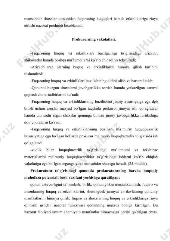 inlash, birlik, qonuniylikni mustahkamlash, fuqaro va insonlarning huquq va erkinliklarini, shuningdek jamiyat va davlatning qonuniy manfaatlarini himoya qilish, fuqaro va shaxslarning huquq va erkinliklariga rioya qilinishi ustidan nazorat funksiyasi qonunning maxsus bobiga kiritilgan. bu nazorat faoliyati umum ahamiyatli manfaatlar himoyasiga qarshi qo`yilgan emas. qonunchilik ijtimoiy amaliyot fuqarolarning va ularning jamoasini huquq va majburiyatlari birligidan kelib chiqdi. fuqarolik qonunchiligi bilan o`rnatilgan, fk dagi moddaga asosan, qoidalar chet el fuqarolari, fuqaroligi bo`lmagan shaxslar, chet el yuridik shaxslari ishtirokidagi munosabatlarga qo`llanadi.bu subyektlar xo`jalik oborotining ishtirokchisidir; ular o`zbekiston korxonalari bilan teng huquq va majburiyatlarga, ayrim hollarda qonun bilan o`rnatilgan ( masalan « chet el insvestorlari to`g`risidagi qonun») belgilagan mulkka ham egadirlar. konstitutsiyaga ko`ra, chet el fuqarolari va fuqaroligi bo`lmagan shaxslar o`zbekiston respublikasi fuqarolari bilan teng asosda huquqlaridan foydalanadilar va majburiyatlarga ega bo`ladilar. hozirgi vaqtda boshqa mamlakatlarning qonunchiligi bo`yicha, o`zbekiston respublikasi qonunlariga binoan hamda, o`zbekiston va o`sha chet el davlati o`rtasida tuzilgan xalqaro shartnomalarga ko`ra, …