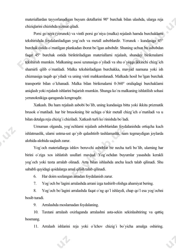 bilan o`lchanadi. malka bilan birikmalarni 0-360° oraliqdagi burchaklarni aniqlash yoki rejalash ishlarini bajarish mumkin. shunga ko`ra malkaning ishlatilish sohasi yerunoknikiga qaraganda kengroqdir. xatkash. bu ham rejalash asbobi bo`lib, uning kundasiga bitta yoki ikkita prizmatik brusok o`rnatiladi. har bir brusokning bir uchiga o`tkir metall chizg`ich o`rnatiladi va u bilan detalga reja chizig`i chiziladi. xatkash turli ko`rinishda bo`ladi. umuman olganda, yog`ochlarni rejalash asboblaridan foydalanishda ortiqcha kuch ishlatmaslik, ularni ustma-ust qo`yib qalashtirib tashlamaslik, nam tegmaydigan joylarda alohida-alohida saqlash zarur. yog`och materiallarga ishlov beruvchi asboblar bir necha turli bo`lib, ularning har birini o`ziga xos ishlatish usullari mavjud. yog`ochdan buyumlar yasashda kerakli yog`och yoki taxta arralab olinadi. arra bilan ishlashda ancha kuch talab qilinadi. shu sababli quyidagi qoidalarga amal qilish talab qilinadi. 6. har doim sozlangan arradan foydalanish zarur. 7. yog`och bo`lagini arralashda arrani izga tushirib olishga ahamiyat bering. 8. yog`och bo`lagini arralashda faqat o`ng qo`l ishlaydi, chap qo`l esa yog`ochni bosib turadi. 9. arralashda …
