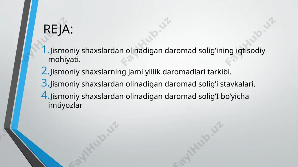 ar boshqa daromadlar mehnat shartnomalariga yoki ishlar bajarish va xizmatlar ko’rsatish predmeti bo’lgan fuqarolik-huquqiy tusdagi shartnomalarga muvofiq jismoniy shaxslarga hisoblanib, to’lanadigan barcha to’lovlar mehnatga haq to’lash tarzidagi daromadlar deyiladi. mehnatga haq to’lash tarzidagi daromadlarga quyidagilar kiradi: - rag’batlantirish xususiyatiga ega bo’lgan to’lovlar; - kompensatsiya to’lovlari; - ishlamagan vaqt uchun haq to’lash mulkiy dyaromadlar tarkibiga olingan foizlar, mulkni ijaraga berishdan olinadigan daromadlar, dividendlar, royalti, soliqlar va boshqa majburiy to’lovlar to’langanidan keyin xususiy korxona egasi hamda fermer xo’jaligi boshlig’i, xususiy amaliyot bilan shug’ullanuvchi notarius iktiyorida qoladigan foyda summasi kabilar kiradi. moddiy naf tarzidagi daromadlarga quyidagilar kiradi. yangi tahrirdagi soliq kodeksida moddiy naf tarzidagi daromadlar jismoniy shaxslarning jami daromadining yangi manbai sifatida ko’rsatib o’tilgan. soliq to’lovchi tomonidan yuridik shaxsdan moddiy naf tarzida olingan daromadlar tarkibiga quyidagilar mansub: jismoniy shaxslarning bolalarini maktabgacha ta’lim muassasalarida o’qitish, tarbiyalash; kommunal xizmatlar, xodimlarga berilgan uy-joy, kartira, yotoqxonadagi joylar haqini yoki ularning o’rnini qo’lash qiymatini to’lash; oziq-ovqat, yo’l chi’talari …
