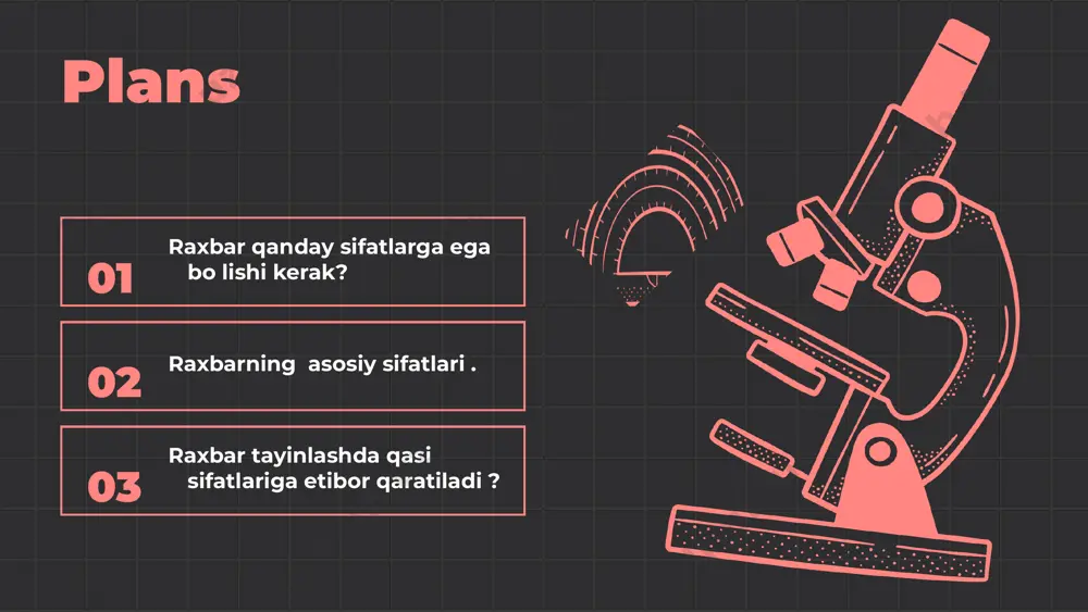 jlanish yo'nalishlarini belgilashlari mumkin. muvaffaqiyatli raxbarlik uchun zarur sifatlar mas'uliyat - muvaffaqiyatli raxbarlikning asosiy poydevori. raxbarlar o'z vazifalarini puxta bajara olishlari va jamoa a'zolariga o'z mas'uliyatlarini anglatishlari kerak. halollik - raxbarning ishonchli bo'lishini ta'minlaydi. halol raxbarlar jamoa a'zolari orasida yaxshi munosabatlarni o'rnatadi va ish muhitini yaxshilaydi. jamoa boshqaruvi - raxbarning jamoani samarali boshqarish qobiliyatidir. bu raxbarlar jamoaning kuchli tomonlarini aniqlab, ularni rivojlantirishga yordam beradi. 01 02 03 raxbarning asosiy sifatlari ta'lim muassasalarida raxbarlarining shaxsiy sifatlari muhim ahamiyatga ega. ular ta'lim jarayonini samarali boshqarish va o'quvchilarga sifatli ta'lim berish uchun zarur. raxbarlar o'z kasbiy maqsadlariga erishishda, o'z jamoasini motivatsiya qilishda va ta'lim muassasasining rivojlanishida muhim rol o'ynaydilar. raxbar sifatlarini muhimlik darajasiga ko'ra tasniflash quyidagilarni o'z ichiga oladi: 1. kommunikatsiya qobiliyati - samarali fikr almashish va muammolarni hal qilish. 2. strategik fikrlash - kelajakni oldindan ko'ra bilish va rejalashtirish. 3. jamoa boshqarish - jamoa a'zolarini qo'llab-quvvatlash va ularga yetakchilik qilish. 4. qiyinchiliklarga …