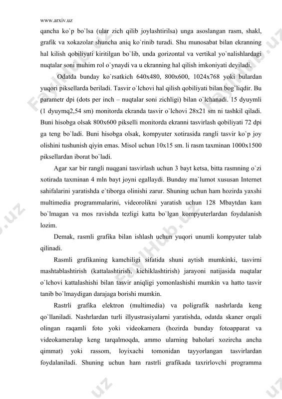 tarqalmoqda, ammo ularning baholari xozircha ancha qimmat) yoki rassom, loyixachi tomonidan tayyorlangan tasvirlardan foydalaniladi. shuning uchun ham rastrli grafikada taxrirlovchi programma vositalaridan keng foydalaniladi. bu programmalar, odatla tasvirlarning aniqroq, ko`rinishda bo`lishini ta`minlaydi. ma`lumki, internetda rastrli grafika keng tarqalgan bo`lib, u bilan ishlash uchun esa ko`pincha adobe photoshop programmasidan foydalaniladi. adobe photoshop 5.0 rasm taxrirlagichi adobe photoshop windows muhitida ishlovchi macintosh va ibm pc kompyuterlari uchun mo`ljallangan elektron ko`rinishdagi foto tasvirlarni taxrirlovchi programmadir. adobe photoshop programmasi adobe system, inc kompaniyasi tomonidan ishlab chiqarilgan bo`lib, ishlatishdagi alohida qulayliklari bilan mashhur. adobe photoshop tasvir tahrirlagichi yordamida fotosuratlarga qo`shimchalar kiritish, fotosuratdagi dog`larni o`chirish va eski rasmlarni qayta ishlash va tiklash, rasmlarga matn kiritish, qo`shimcha maxsus effektlar bilan boyitish, bir fotosuratdagi elementlarni ikkinchi fotosuratga olib o`tish, suratdagi ranglarni o`zgartirish, almashtirish mumkin. adobe photoshop imkoniyatlari keng qamrovli bo`lib, u gazeta va jurnallarni turli-tuman pacmlap bilan boyitishda juda katta qulayliklar yaratadi. adobe photoshop ayniqsa jurnalistlarning, rassomlarning ijodiy …