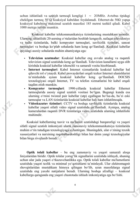 ishlarini ta’minlashda aynan koaksial kabellar keng qo‘llaniladi. docsis texnologiyasi orqali internet, tv va telefon xizmatlarini bir kabel orqali taqdim etish mumkin. · kompyuter tarmoqlari: 1990-yillarda koaksial kabellar ethernet tarmoqlarida asosiy signal uzatish vositasi bo‘lgan. bugungi kunda esa ularning o‘rnini twisted pair kabellar (utp) egallagan bo‘lsa-da, ba’zi eski tarmoqlar va lan tizimlarida koaksial kabellar hali ham ishlatilmoqda. · videokuzatuv tizimlari: cctv va boshqa xavfsizlik tizimlarida koaksial kabellar yuqori sifatli video signal uzatishda qo‘llaniladi. ayniqsa, analog kameralardan raqamli dvr tizimlariga video uzatishda ularning ishlatilishi muhimdir. koaksial kabellarning tasvir va ma'lumot uzatishdagi barqarorligi va yuqori sifatli signal uzatish imkoniyati ularni zamonaviy telekommunikatsiya tizimlarida muhim o‘rin tutadigan texnologiyaga aylantirgan. shuningdek, ular o‘zining texnik xususiyatlari va narxining raqobatbardoshligi bilan har doim yangi texnologiyalar bilan birga rivojlanib boradi. optik tolali kabellar – bu eng zamonaviy va yuqori samarali aloqa liniyalaridan biridir. optik tolalar yorug‘lik signallarini uzatishda ishlaydi, shuning uchun ular juda yuqori o‘tkazuvchanlikka ega. optik tolali …