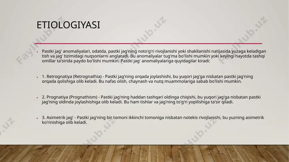 rejasi ishlab chiqiladi. mikrognatiya mikrognatiya (micrognathia) - bu pastki jag'ning normaldan kichik bo'lishi yoki yetarlicha rivojlanmaganligi bilan tavsiflangan tug'ma yoki keyingi hayotda paydo bo'ladigan anomaliya. bu holat odatda pastki jag'ning kichikligi va orqada joylashishi bilan birga keladi, bu esa yuzning asimmetrik ko'rinishiga, tishlar va jag'ning noto'g'ri yopilishiga olib kelishi mumkin. ### mikrognatiyaning asosiy belgilari: 1. pastki jag'ning kichikligi - pastki jag' normaldan kichik va orqada joylashgan. 2. tishlar noto'g'ri joylashishi - pastki jag'ning kichikligi tufayli tishlar to'g'ri yopilmaydi. 3. nafas olish qiyinchiliklari - ayniqsa chaqaloqlarda, mikrognatiya tilning orqaga siljishi va nafas yo'llarini to'sib qo'yishi natijasida nafas olish muammolariga olib kelishi mumkin. 4. ovqatlanish qiyinchiliklari - chaqaloqlarda emizish yoki sutdan ajratish jarayonida qiyinchiliklar kuzatilishi mumkin. 5. yuzning asimmetrik ko'rinishi - pastki jag'ning kichikligi yuzning pastki qismida noto'g'ri shakllanishga olib kelishi mumkin. mikrognatiya sabablari 1. genetik omillar - ba'zi genetik kasalliklar (masalan, pierre robin sindromi, treacher collins sindromi) mikrognatiya bilan birga kelishi …