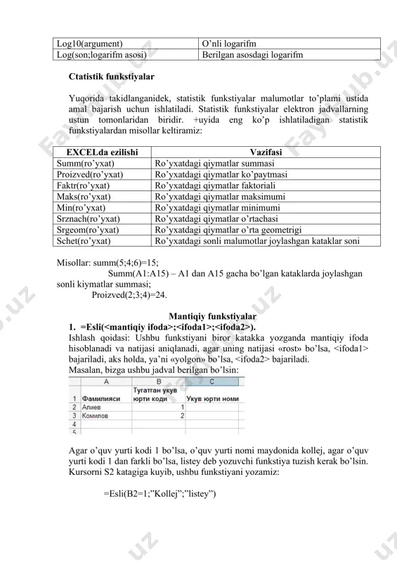 tiladigan funkstiyalar ro’yxati. matematik funkstiyalar. excelda ezilishi vazifasi abs(argument) absolyut qiymat koren(argument) kvadrat ildiz stepen(son;daraja) sonni darajaga oshirish okrugl(son;raqamlar soni) sonning kasr qismini raqamlar sonigacha yaxlitlash otbr(son, raqamlar soni) sonning kasr qismini raqamlar sonigacha qoldirib, qolganini tashlab yuborish ostat(son;bo’luvchi) sonni bo’luvchiga bo’lgandagi qoldiq rimskoe(son; forma) unli sanok sistemasidagi sonni rim raqamlariga aylantiradi. «forma»dagi eng kulay raqam bu 4 sonini kuyishdir. radianы(burchak) gradusda berilgan burchakni radianga aylantiradi sin(argument) argumentning sinusi(radianlarda) cos(argument) argumentning kosinusi(radianlarda) tan(argument) argumentning tangensi(radianlarda) ln(argument) natural logarifm log10(argument) o’nli logarifm log(son;logarifm asosi) berilgan asosdagi logarifm ctatistik funkstiyalar yuqorida takidlanganidek, statistik funkstiyalar malumotlar to’plami ustida amal bajarish uchun ishlatiladi. statistik funkstiyalar elektron jadvallarning ustun tomonlaridan biridir. +uyida eng ko’p ishlatiladigan statistik funkstiyalardan misollar keltiramiz: excelda ezilishi vazifasi summ(ro’yxat) ro’yxatdagi qiymatlar summasi proizved(ro’yxat) ro’yxatdagi qiymatlar ko’paytmasi faktr(ro’yxat) ro’yxatdagi qiymatlar faktoriali maks(ro’yxat) ro’yxatdagi qiymatlar maksimumi min(ro’yxat) ro’yxatdagi qiymatlar minimumi srznach(ro’yxat) ro’yxatdagi qiymatlar o’rtachasi srgeom(ro’yxat) ro’yxatdagi qiymatlar o’rta geometrigi schet(ro’yxat) ro’yxatdagi sonli malumotlar …