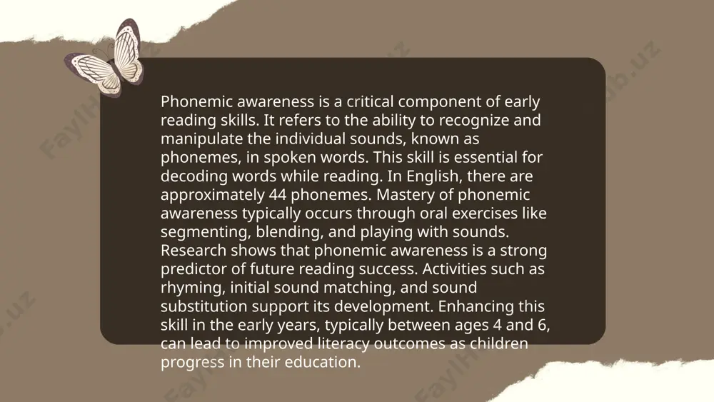 can be identified in multi-syllable words, whereas intonation patterns influence sentence-level understanding. ... t.me/slaydai_bot syllable counting and segmentation are key components of phonological awareness, vital in language development and literacy. a syllable is a unit of pronunciation with a vowel sound and, possibly, surrounding consonants. words like "banana" have three syllables: ba-na-na. techniques for segmentation involve breaking words into their constituent syllables, enhancing reading and spelling skills. studies show that better syllable awareness correlates with improved reading proficiency. for instance, kindergarten children who practice syllable counting perform better in first-grade reading. programs emphasize games and exercises to teach syllable splitting, crucial for decoding skills. mastery of syllable segmentation supports phonemic awareness, impacting educational outcomes across grades significantly. developing phonetic skills xasanova barchinoy thank you for your attention! image1.png image2.png image3.png /docprops/thumbnail.jpeg