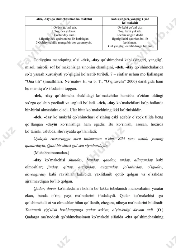 digan bo`lib qolgan. qadar, dovur ko`makchilari hokim bo`lakka tobelanish munosabatini yaratar ekan, bunda o`rin, payt ma`nolarini ifodalaydi. qadar ko`makchisi -ga qo`shimchali ot va olmoshlar bilan qo`llanib, chegara, nihoya ma`nolarini bildiradi: tantanali yig`ilish boshlangunga qadar askiya, o`yin-kulgi davom etdi. (o.) qadarga ma`nodosh qo`shimchasimon ko`makchi sifatida -cha qo`shimchasining to`g`ri kelishi ilmiy adabiyotlarda qayd etilgan: mehmonlar kechga qadar o`tirishdi - mehmonlar kechgacha o`tirishdi. orqali ko`makchisi harakatning biror vosita bilan bajarilishini bildiradi: anvar o`z istiqbolini yolg`iz muhabbat orqali ko`rar edi. (a. qod.) bilan va orqali ko`makchilari vosita ma`nosini anglatishlariga ko`ra ma`nodoshlik hosil qiladi. ammo bu ma`nodoshlik ma`lum kontekstlardagina voqelanadi. o`rin ma`nosini ifodalagan otlar bilan birikkanda bilan va orqali ko`makchilari sinonim bo`ladi: katta yo`l orqali yurib borib chapga burildik – katta yo`l bilan yurib borib chapga burildik. agar ko`makchi boshqarayotgan ot o`rin ma`nosini ifodalamasa, bu ko`makchilar ma`nodoshlik kasb etmaydi. chunonchi yigitga deraza orqali to`yib - to`yib qarashga zor bo`lsa - da,…(o.) sari ko`makchisi harakatning yo`naltirilgan …