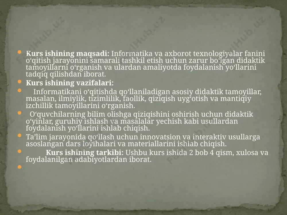 ichida o‘nlab g‘oyalarni olish mumkin. g‘oyalar soni asosiy maqsad emas. g‘oyalar to‘g‘ri yechimini ishlab chiqish uchun asos bo‘ladi. “aqliy hujum’’ning qoidalari quyidagilardir: – taklif etilayotgan g‘oyalar baholanmaydi va tanqid qilinmaydi; – ish g‘oyalar soni ko‘p bo‘lishi kerak; – har qanday g‘oyani kengaytirishga, rivojlantirishga harakat qilish mumkin; – har bir g‘oya yozib boriladi (juda bo‘lmasa ochqich so‘zlar yoki iboralar yordamida ); – aqliy xujum o‘tkazish vaqti qat’iy o‘rnatiladi va unga rioya qilinadi. ‘‘aqliy hujum” tugagandan so‘ng takliflar tahlil qilinadi va ulardan eng qimmatlilari, keyinchalik ular bilan ishlash uchun, tanlab olinadi. tahlil qilinganda avvalo taklifning foydali jihatlariga e’tiborni qaratish lozim. bugungi kunda ta’lim muassasalarida faoliyat yuritayotgan «informatika» fani o‘qituvchilari oldida quyidagi muhim vazifalar turadi: talabalaming mustaqil bilim olish, o‘rganish qobiliyatlarini shakllantirish va rivojlantirishda fanning o‘rni va ahamiyatini oshirish; mashg‘ulotlarini zamonaviy pedagogik texnologiyalar asosida tashkil etish va o‘tkazish; talabalaming faolligini oshirish, o‘zlashtirish darajalarini rivojlantirishga yo‘naltirilgan metod va shakllarni qo‘llash; ta’lim jarayonida zamonaviy axborot …