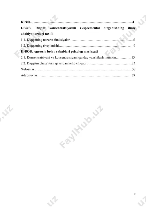 ,konformlikka beriluvchan,ayrim referent guruhlarga bo’ysunuvchan o’smir yoki o’spirinlarni boshqarishga harakat qiluvchi yovuz kuchlarga o’rin qoldirmaslik,ulardagi bo’shliqni ma’naviy boylik bilan to’ldirish shu ijtimoiy jamiyatda yashab, faoliyat yuritayotgan har bir individning burchidir,jumladan biz bo’lajak psixolog konsultantlar ham mas’ulmiz bunga. shuning uchun ham o’spirinlardagi ijtimoiy-psixologik ustanovkalarni aniqlash va ularga to’g’ri ustanovkalar bera olish dolzarb muammolar sirasiga kiradi. [1: ] tadqiqotning maqsadi: maktabgacha yoshdagi bolalarda ijtimoiy-psixologik ustanovkalarni shakllanishining psixologik xususiyatlarini o’rganish. tadqiqot ob’ekti: maktabgacha yoshdagi bolalar tadqiqot predmeti:ijtimoiy-psixologik ustanovkalar tadqiqotning ilmiy farazi:o’spirinlarda ijtimoiy-psixologik ustanovkalarni shakllanishida jinsiy farqlar kuzatilishi mumkin. tadqiqot vazifalari: 1.mavzuga oid manbalarni o’rganish. 2.maktabgacha yoshdagi bolalarda ijtimoiy-psixologik ustanovkalarni aniqlash. 3. tavsiyalar ishlab chiqish kirish diqqat konsentratsiyasi insonning psixologik faoliyatida muhim rol o'ynaydi. u odamning ma'lum bir vazifaga yoki vaziyatga e'tiborini jamlash, ma'lumotlarni samarali tarzda qayd etish va ushbu ma'lumotlarga asoslanib qarorlar qabul qilish qobiliyatiga taalluqlidir. diqqat konsentratsiyasi, odamning harakatlarida to'g'ri yo'nalishlarni belgilashda, muhim va zarur ma'lumotlarni ajratib olishda, hamda xatoliklarni kamaytirishda katta …