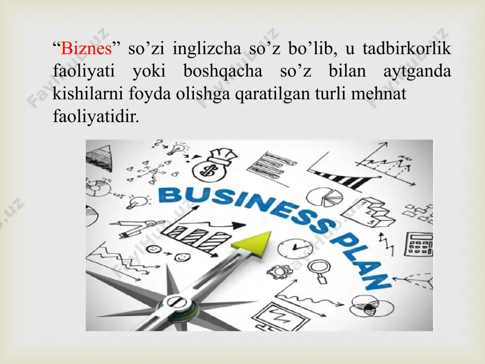 n istalgan mamlakatdagi vaziyat hisoblanadi. nisbatan ustunlik  biznes nima? biznes - jamiyatdagi muommolarni hal qilish orqali foyda topish imkoniyati. muommo bor - ushbu muommoni qandaydir foyda evaziga(albatta qonun doirasida) hal qila oladigan tadbirkor bor. biznes - bu doimiy ravishda o'z ustida ishlash, rivojlanish. biznes - bu o'ylash, tafakkur qilish. shu orqali yon-atrofdagi imkoniyatlarni ko'ra olish. biznes - bu doimiy harakat, oldinga yurish. biznes - jamiyat, davlat so'roviga javob berish. muommo bor - uni hal qilish kerak. talab bor - uni qondirish kerak. biznes - bu doimiy ravishda tajribalar qilish, uni natijasi foyda bo'lishi mumkin, uni natijasi ziyon bo'lishi mumkin. biznes - bu biron bir yangilik qilish jarayoniga o'zini baxshiyda qilish. biznes - imkoniyatlardan foylanishdan qo'rqmaslik va buni evaziga mukofot olish. biznes - bu insonning yashash tarzi. biznes - bu insondagi ba'zi sifatlar to'plami: aql, kreativlik, maqsadga intiluvchanlik. biznes - bu foyda = daromadlar - xarajatlar. shu birgina formula orqali …