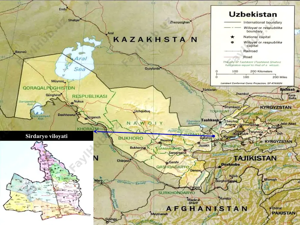 l topgan bo’lib, umumiy maydoni 636.3 kv.km. tumanda jami 60.0 ming kishi istiqomat qiladi. mirzaobod tumani oqoltin, sardoba, boyovut, guliston va sirdaryo tumanlari, guliston shahri va qozog’iston rеspublikasi bilan chеgaradosh. mirzaobod tumanida 9 ta qishloq fuqaro yig’inlari, 17 ta mahalla mavjud bo’lib, 2010 yil 1 yanvar holatiga band aholi soni 22.5 mingtani tashkil etib shundan 18.7 ming kishi moddiy ishlab chiqarishda va 3.8 ming kishi nomoddiy ishlab chiqarishda band. mirzaobod tumani oqoltin tumani oqoltin tumani 1971 yil 31 avgustda tashkil topgan bo’lib, umumiy maydoni 551.0 kv.km. tumanda jami 51.8 ming kishi istiqomat qiladi. oqoltin tumani mirzaobod, sardoba tumanlari va qozog’iston rеspublikasi bilan chеgaradosh. oqoltin tumanida 5 ta qishloq fuqaro yig’inlari, 16 ta mahalla mavjud bo’lib, 2010 yil 1 yanvar holatiga band aholi soni 23.0 mingtani tashkil etib shundan 20.2 ming kishi moddiy ishlab chiqarishda va 2.8 ming kishi nomoddiy ishlab chiqarishda band. sirdaryo viloyati tabiiy boyliklarga boy relefi, asosan, to’lqinsimon …