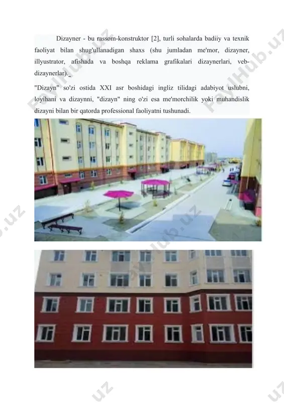 lar qaysi hududlarda quriladi? uyga vazifa:o’rta qavatli uylarni rasmlarini yig’ish va izohlash. foydalanilgan adabiyotlar: 1. a. s. uralov t. f. kushmanov “binolar tipologiyasi” o’quv qo’llanma. 2. n.j. to‘ychiyev “bino va inshootlar konstruksiyasi”darslik. 3. “bino va inshootlar tipologiyasi” fanidan ma’ruzalar matni. 4. и.а.синянский н.и.манешина “типология зданий” учебник. internet saytlar: ziyonet.uz arxitektura.uz arxiv.uz binolar.uz -ilova o`quv mashg`ulotida o`quv ishlarni baholash mezoni va ko`rsatkichlari savollarga javob beradi va misol keltiradi 5 savollarga javob beradi misollar keltirmaydi 4 savollarga qisman javob beradi 3 umuman ishtirok etmaydi 2 jami 5 1 2 3 -ilova blits savollar -ilova ko’rgazmali materiallar va rasmlar (maruza matni ichida) o’rta qavatli uylar nechta qavatdan iborat? loyiha-bu? dizayn-bu? 4. dizayner-bu? 5. dizayn zo’zining manosi nima?
