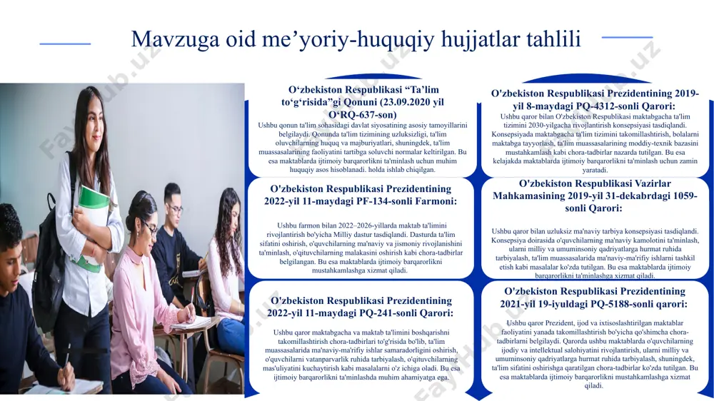 xavfsizlik va huquqiy ongni mustahkamlash: maktab hududida kiberzo‘ravonlik, jismoniy va ruhiy tazyiq, diskriminatsiyaga qarshi profilaktika olib borish. o‘quvchilar orasida huquqiy madaniyatni oshirish bo‘yicha huquqshunoslar bilan seminar-treninglar o‘tkazish. mavzu yuzasidan xorijiy tajribalarni o‘rganilganligi buyuk britaniyada - har bir maktabda ijtimoiy-psixologik xizmatlar yaxshi yo‘lga qo‘yilgan; - o‘quvchilarning ruhiy holati, oilaviy muhitdagi sharoitlari doimiy nazoratda; - “do‘stlik maktabi” tamoyili asosida o‘quvchilar o‘rtasida birdamlik, hurmat, mulohaza kabi ijtimoiy fazilatlar shakllantiriladi. - har bir maktabda o‘quvchilar vakillari kengashi faoliyat yuritadi. - ular maktab hayotiga ta’sir ko‘rsatish, tengdoshlari fikrini rahbariyatga yetkazish imkoniga ega; - ijtimoiy tenglik va farovonlik tamoyillarini targ‘ib qilish orqali maktabda zo‘ravonlik va kamsitish holatlarining oldi olinadi. janubiy koreyada - sinf rahbarlari bilan bir qatorda maxsus ijtimoiy pedagoglar faoliyat yuritadi; - o‘quvchilarning munosabatlari nazorat qilinadi, nizolarni hal etishda sinf rahbarlari yordam beradi. -maktablarda o‘qituvchi, o‘quvchi va ota-onalarning o‘zaro muloqoti uchun "umumiy majlislar", "ochiq suhbatlar" muntazam o‘tkaziladi. - o‘quvchilarni oilaviy qadriyatlarga hurmat, kattalarga ehtirom, jamoada …