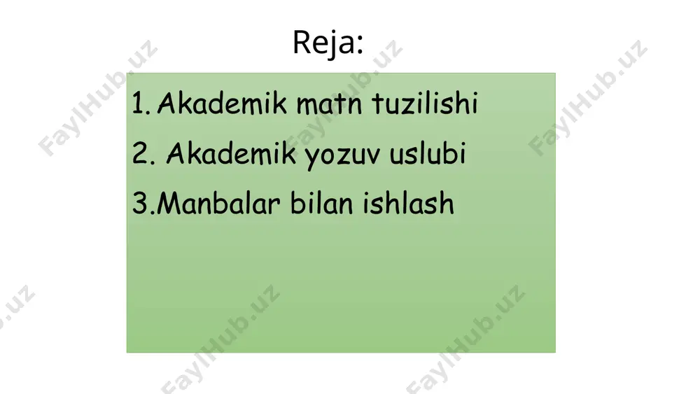 ir nechta tahrirlar qoralamalar yozing va matningizni bir necha marta tahrirlang. 3 tashqi baholash o'qituvchingiz yoki boshqa talabalaringizdan ishingizni tekshirishlarini so'rang. 8 akademik yozish ko'nikmalarini rivojlantirish uchun manbalar onlayn kurslar video darslar kataloglar strukturaviy o'quv dasturlarini taqdim eting yozishning o'ziga xos jihatlari bo'yicha qisqacha maslahatlar batafsil dizayn va uslublar bo'yicha qo'llanmalar 9 xulosa takrorlash ishda muhokama qilingan asosiy fikrlarning qisqacha mazmuni. istiqbollar mavzuni keyingi tadqiq qilishning mumkin bo'lgan yo'nalishlarini ko'rib chiqish. amaliy ahamiyati topilmalardan qanday foydalanish mumkinligi haqida tushuntirish. 10 image1.png image2.svg image2.png image3.png image4.png image5.png image6.png image7.png image8.png image9.png image10.png