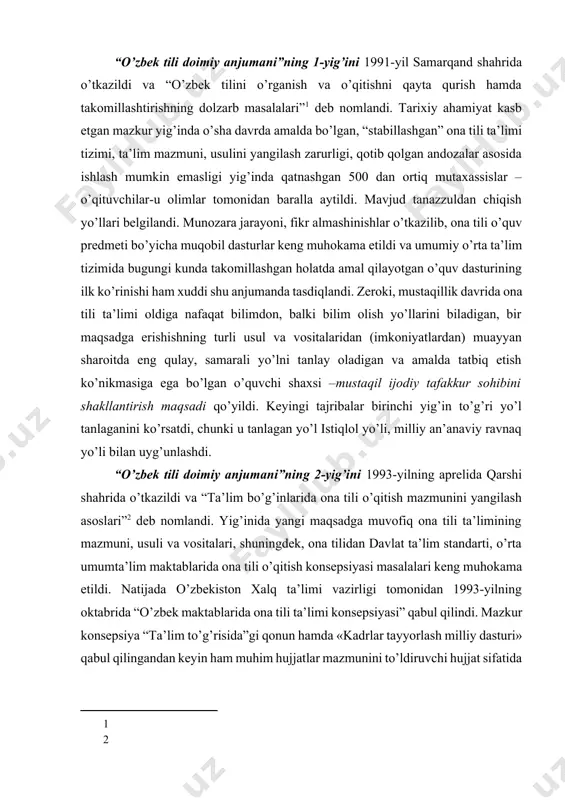 tajribalar birinchi yig’in to’g’ri yo’l tanlaganini ko’rsatdi, chunki u tanlagan yo’l istiqlol yo’li, milliy an’anaviy ravnaq yo’li bilan uyg’unlashdi. [1: ] “o’zbek tili doimiy anjumani”ning 2-yig’ini 1993-yilning aprelida qarshi shahrida o’tkazildi va “ta’lim bo’g’inlarida ona tili o’qitish mazmunini yangilash asoslari”[footnoteref:2] deb nomlandi. yig’inida yangi maqsadga muvofiq ona tili ta’limining mazmuni, usuli va vositalari, shuningdek, ona tilidan davlat ta’lim standarti, o’rta umumta’lim maktablarida ona tili o’qitish konsepsiyasi masalalari keng muhokama etildi. natijada o’zbekiston xalq ta’limi vazirligi tomonidan 1993-yilning oktabrida “o’zbek maktablarida ona tili ta’limi konsepsiyasi” qabul qilindi. mazkur konsepsiya “ta’lim to’g’risida”gi qonun hamda «kadrlar tayyorlash milliy dasturi» qabul qilingandan keyin ham muhim hujjatlar mazmunini to’ldiruvchi hujjat sifatida o’z kuchida qoldi. shuningdek, anjumanning birinchi va ikkinchi yig’inlari tavsiyalari asosida ona tilidan sinov darsliklari yaratish ishiga kirishildi. [2: ] “o’zbek tili doimiy anjumani”ning 3-yig’ini 1995-yilning aprelida jizzax shahrida o’tkazildi va “ta’lim jarayonida so’z 63 deb nomlandi. yig’in xalq boyligini oshirishning asosiy omillari” ta’limi …