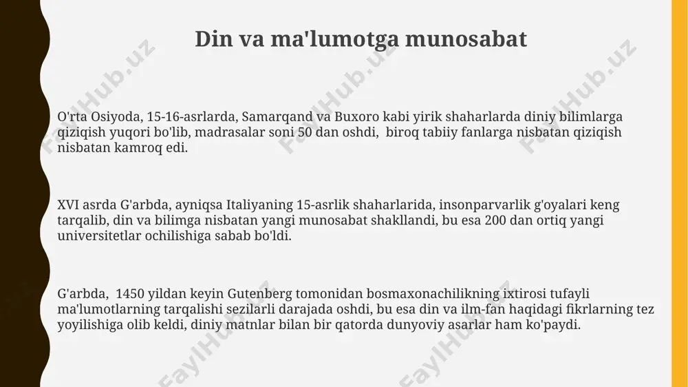 ot bo'yicha noyob asarlarni saqlab qolgan. bag'doddagi bayt al-hikma kabi muhim ilmiy markazlar arab olimlarining astronomiya, matematika va tibbiyot sohasidagi kashfiyotlarini saqlab, tarqatishda muhim rol o'ynagan. uyg'onish davrida yaqin sharq va g'arbda ma'lumotga munosabat yaqin sharqda, 16-asrda istanbuldagi topqopı saroy kutubxonasi 100 mingdan ortiq qoʻlyozmani saqlagan, bu mintaqadagi ulkan bilim va madaniy merosni aks ettiradi. gʻarbda universitetlar sonining koʻpayishi (masalan, 15-asrda 100 dan ortiq universitet) va yaqin sharqdagi madrasalar faoliyati maʼlumotga kirish imkoniyatlarining farqini, lekin ikkala mintaqadagi bilimga boʻlgan ehtiyojni namoyish etadi. uygʻonish davrida gʻarbda, ayniqsa, 15-asr italiyasida, 500 dan ortiq qoʻlyozma nusxalari yaratilgan, bu esa antik davr bilimlariga boʻlgan qiziqishning oshganligini koʻrsatadi. ilm-fan rivojlanishi: g'arb gutenbergning matbaa texnologiyalarining ixtirosi 1450-yillarda, g'arbiy yevropada kitoblar sonini 10 barobarga oshirdi va bu ilm-fanning ommaviylashishiga katta hissa qo'shdi. g'arbiy yevropada uyg'onish davrida 50 dan ortiq yangi universitetlar ochilib, 2000 dan ziyod talaba qabul qilindi, bu esa ilm-fan taraqqiyoti uchun kuchli intellektual asos yaratdi. …