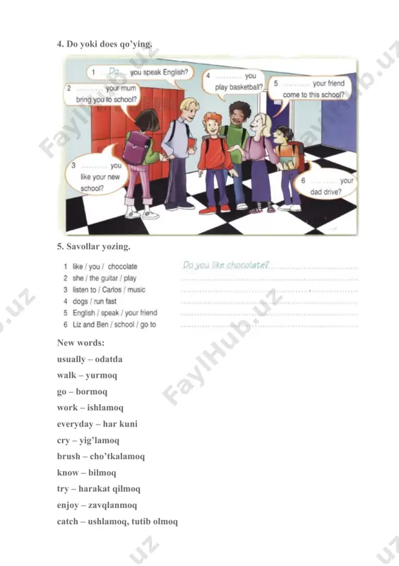 (inkor va so’roq gaplarda); since / for – …dan beri; never – hech qachon; ever – qachondir va boshqalar… present perfect. bu zamon o’zbek tiliga “hozirgi tugallangan zamon“, deb tarjima qilinadi. present prefect zamonida ish harakat tugagan, ammo o’sha ish-harakat natijasiga bog’liq bo’lgan, yoki natija sababli yuzagan kelgan holat vaqti tugamagan bo’ladi. qisqa qilib, ish harakat tugaydi, ammo vaqti tugamaydi, deyishimiz mumkin. buni misollarda ko’ramiz: i have bought a new car – men yangi mashina sotib oldim (sotib olganlish ish-harakatim tugab bo’ldi, ammo uning natijasi – menda yangi mashinaning borligi vaqti hali tugagani yo’q, menda hali ham o’sha mashina bor!). they have had dinner – ular tushlik qildi (ovqatlanish, tushlik qilish ish-harakati tugadi, ammo uning natijasidagi to’qlik, ochlikning mavjud emasligi holati hali tugagani yo’q. natijaning vaqti hozirda ham mavjud). he has cleaned his shoes – u oyoq kiyimlarini tozaladi (tozalash jarayoni, ish-harakati allaqachon nihoyasiga yetib bo’ldi, ammo uning natijasida kelib …