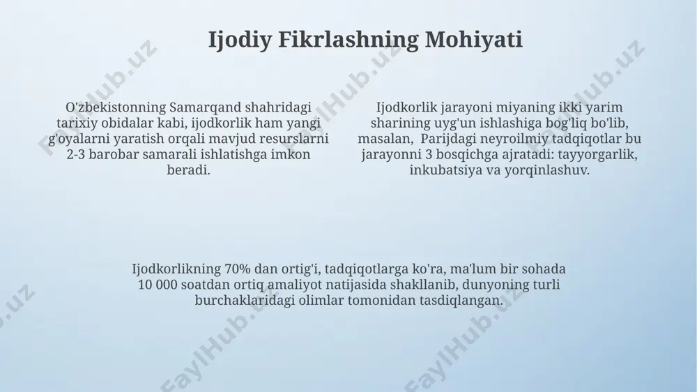 da, mahsulot ishlab chiqarish vaqtini 15% ga qisqartirishi mumkin. ishlab chiqarish jarayonlarini 30% ga optimallashtirish uchun yaponiyaning "kaizen" falsafasidan foydalanish, xodimlarni 5 ta asosiy yo'nalish bo'yicha o'qitish orqali samaradorlikni oshirishga yordam beradi. ijodiy madaniyatni rivojlantirish ўзбекистоннинг 2030 йилгача бўлган инновацион ривожланиш стратегиясида ижодий маданиятни ривожлантиришга 15% дан ортиқ бюджет ажратилганлиги мамлакатнинг бу соҳага бўлган юксак эътиборини кўрсатади. ижодий маданиятни ривожлантиришда 2023 йилда тошкент шаҳрида ўтказилган 5 тадан ортиқ халқаро конференциялар иштирокчиларининг 70% иштирокчилари ижодий индустриянинг ривожланишига ижобий баҳо беришган. самарқанд шаҳридаги ижодий марказлар сони 2021 йилдан 2024 йилгача 3 баравар ортиб, бу соҳадаги иш ўринлари сони 1000 дан ошган. e'tiboringiz uchun rahmat @taqdimot_robot image4.png image3.jpeg