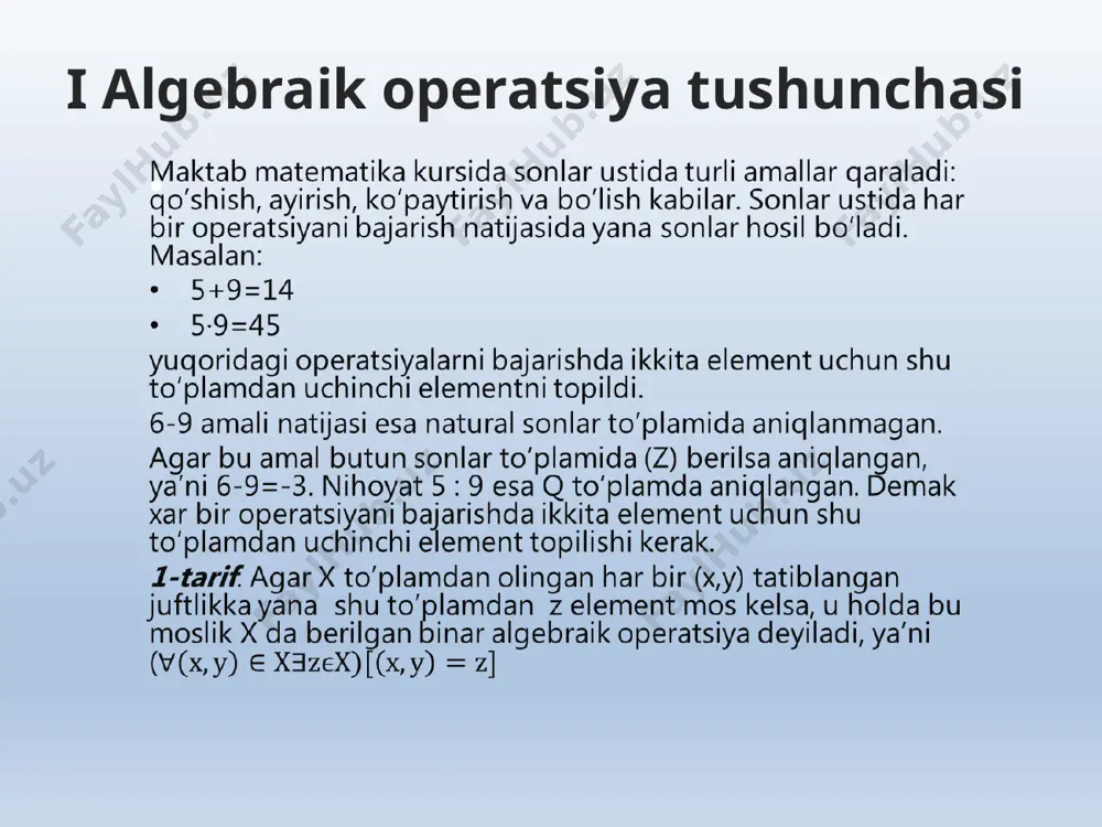 , a+(-0)=a 13-ta’rif. g to’plam operatsiyaga nisbatan grupp bo’lsa va sart bajarilsa, u holda g kommutativ yoki abel gruppasi deyiladi. 14-ta’rif. agar x to’plamda ikkita binar algebraik operatsiya (+,*) berilgan bo’lib, quyidagi shartlar bajarilsa, u holda x to’pla halqa deyiladi. x qo’shishga nisbatan kommutativ gruppa; ko’paytitish qo’shishga nisbatan distrubitiv, ya’ni: a*(b+c)=a*b+a*c, (b+c)*a=b*a+c*a misol. z to’plam halqa. chunki: z da qo’shish va ko’paytirish algebraik operatsiya; z qo’shshga nisbatan komutativ gruppa; z da ko’paytirish qo’shishga nisbatan distrubitiv. 15-ta’rif agar m halqaning noldan tashqari barcha elementlari ko’paytirishga nisbatan kommutativ gruppa tashkil qilsa, u holda m maydon deyiladi. misol. q ratsional sonlar to’plami maydondir. chunki: q halqa kommutativ; ko’paytirishga nisbatan kommutativ gruppa(nol kirmaydi) etiboringiz uchun raxmat! image2.jpg image5.wmf image6.png oleobject1.bin image7.png image8.png image9.png image3.jpg image10.png image11.png image12.png image13.png image1.jpg /docprops/thumbnail.jpeg