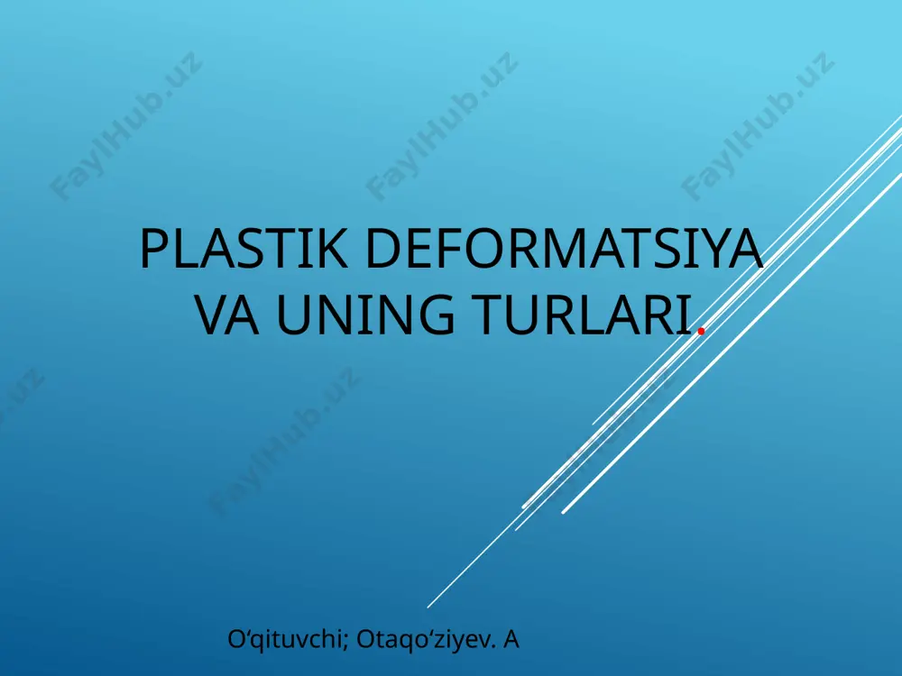 ir zonasida yuz berayotgan boʻlsa, bu zonaning chegarasi butun tekislikka yoyiladi. sirpanishning yoyish chegarasi dislokatsiya chizigʻi yoki dislokatsiya deyiladi. kraudion plastiklik kristalddagi zich joylashgan atom katorlari boʻylab atomlar quyuqlanmasi (kraudinlar) hosil boʻlishiga asoslangan. kristall sirtiga tig botirilsa, atomlar shu sohadan uzoqlashadi, natijada tigʻ botirilayotgan sirtdan maʼlum masofada atom konsentratsiyasi oshadi — kristallda tugunlararo atomlar hosil boʻladi. kraudion plastiklik: i — tigʻ botirilguncha; ii — tigʻ botirilganda atomlar kuyuklanmasi hosil boʻladi; iii — shaklning uzil-kesil oʻzgarishi. kristallda tugunlararo atomlar hosil boʻladi. plastiklikni baʼzi jismlarda eʼtiborga olmaslik mumkin, bunday jismlar mutlaq elastik (qayishqoq) jismlar hisoblanadi. har bir jismning xossalari plastiklik boʻyicha guruhlarga ajratib oʻrganiladi. masalan, kristallar, polikristallar, monokristallar, amorf jismlar plastikligi va boshqa jismlarning qovushqokdigi ham ularning plastikligini belgilaydi. tutash muhitlar mexanikasida jismlar bir jinsli, uzluksiz deb faraz qilinadi, mas, kristall panjara atomlari orasidagi masofa hisobga olinmaydi. plastiklik materiallarning buzilmasdan katta qoldiq deformatsiya (plastik deformatsiya) hrsil qilishidir. materiallarning plastiklikligi ularning choʻzilgandagi uzayishiga …