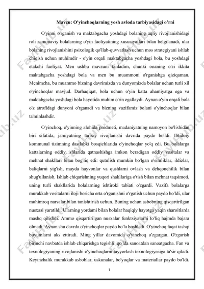 o'yinchoqlarning yosh avloda tarbiyasidagi o’rni — DOCX