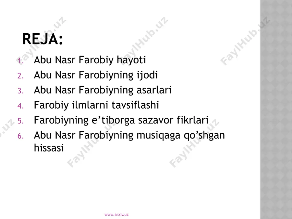 i ko’p tillarni bilgan. farobiy o’sha davrlarda matematika fanining bir tarmog’i hisoblangan muzika bilan ko’p shug’ullanadi. meditsina sohasida ish olib borib, uni yaxshi egallaydi. farobiy ayniqsa falsafa bilan ko’p shug’ullanadi, bu fanni chuqur o’rganish uchun boshqa fanlardan foydalanadi. www.arxiv.uz abu nasr farobiyning asarlari mavjud maʼlumotlarga qaraganda, farobiy 160 dan ortiq asar yozgan. lekin ularning aksariyati bizgacha yetib kelmagan. shunga qaramay, mavjud risolalarining oʻziyoq uning bugok olim ekanligidan dalolat beradi. www.arxiv.uz farobiy ilmlarni tavsiflashi farobiy ilmlarni quyidagicha tasniflaydi: 1) til haqidagi ilm (grammatika, sheʼriyat, toʻgʻri yozuv va boshqalarni oʻz ichiga oladi); 2) mantiq (8 boʻlimdan iborat boʻlib, tushuncha, muhokama, xulosa, sillogistika, dialektika, sofistika va boshqalarni oʻz ichiga oladi); 3) matematika (arifmetika, geometriya, astronomiya, mexanika, optika, sayyoralar, musiqa va ogʻirlik haqidagi ilmdan iborat); 4) tabiiy ilmlar, ilohiy ilmlar yoki metafizika; 5) shahar haqidagi ilm (siyosiy ilm, fiqh, pedagodika, axloqshunoslik va kalom kiradi). www.arxiv.uz farobiyning e’tiborga sazavor fikrlari farobiyning eʼtiborga sazovor fikrlaridan biri …