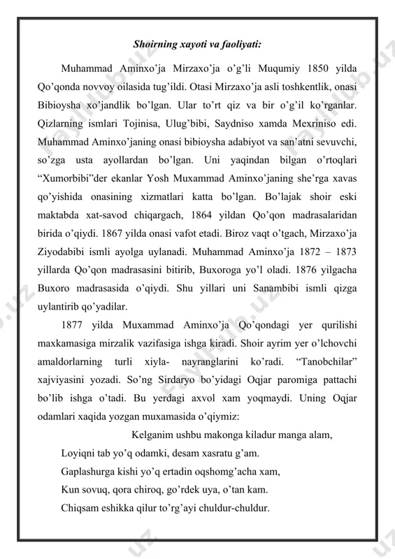 jarning ayrim shum, battol odamlarini xajv qiladi. biroq u oqjar paromida xam uzoq ishlay olmaydi. 70-yillarning oxirifayoq pattachilikni xam yig’ishtirib, qo’qonga qaytadi. ijodga berildi. “muqumiy” taxallusida yozgan she’rlari bilan dovruq qozonadi. ammo shoirning shaxsiy xayoti yurishmaydi. u sanambibi muqumiydan ajraldi, o’gli akbarxo’jani onasi ziyodabibiga qoldirib, boshqaga turmushga chiqib ketadi. ko’p o’tmay, mirzaxo’ja xam vafot etadi. muqumiy 1887–1888 yillarda toshkentga keladi, ota qarindoshlari bilan uchrashadi. amaiy, nodim namangoniy bilan tanishadi, ular bilan yaqindan aloqa bog’laydi. shoir shu yillari og’ir iqtisodiy tanglikda yashagan. 1890 yilda otadan qolgan xovlini sotib, madrasa xujrasiga ko’chib o’tishga majbur bo’lgan. xatotlik xunari jonga oro kirgan. kishilar uchun xat yozib, kitob ko’chiqib, shundan keladigan daromad xisobiga kun o’tkazgan. adabiyot va san’atni yaxshi ko’rgan davlatmand kishilar shoirga moddiy yordam berganlar. shularning yordamida 1892–1899 yillarda ikki marotaba toshkentga kelib ketgani ma’lum. 90–yillarning o’rtalarida muqumiy taqdirning bir g’aroyiboti tufayli moskvada lazerov nomli jonli sharq tillari institutida o’qib turgan jiyani ro’zimuxammad do’stmatov …
