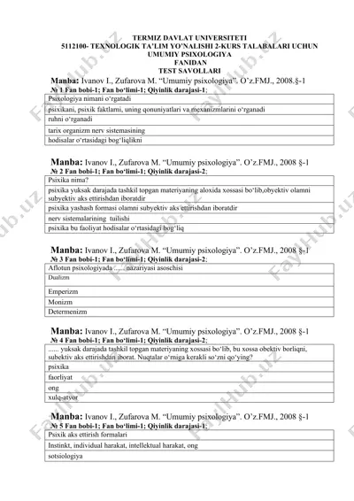 umumiy psixologiya test savollari — DOC