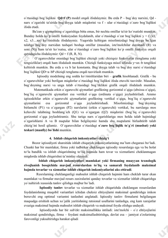 neʼmatlarning oldi-sotdisi, ularning narxlari toʼgʼrisida tasavvurga ega boʼlishga, ularning kelajakda nisbatan noyobligi toʼgʼrisida axborot beradi. isteʼmolchilar va ishlab chiqaruvchilar bunday narx axborotlariga koʼra, oʼzlarining joriy xoʼjalik rejalarini qayta koʼrib chiqadilar va oʼzlarining iqtisodiy harakatlarini tartibga soladilar. mikroiqtisodiyotning ahamiyati alohida tadbirkorlar, korxonalar, uy xo`jaliklari, oddiy fuqarolar faoliyatida zarur. amalda bizning asosiy maqsadlarimizdan biri xo`jalikka oid qarorlarga kelinganda qanday qilib mikroiqtisodiyot tamoyillari qo`llanishini ko`rsatishdan iboratdir. mikroiqtisodiyotning amalda qo`llanishini ko`rsatuvchi jahon amaliyotida yuz bergan misolni keltiramiz. korporatsiya darajasida bir qarorga kelish. 1985 yilning oxirida «ford» oldingi g’ildiraklari tortadigan va samarali aerodinamik shaklga ega bo`lgan «tauras» nomli yangi avtomobil modelini bozorga taqdim etdi. mashina kata muvaffaqiyatga ega bo`ldi va 1987 yilga kelib «ford» foydasini deyarli 2 marta ko`paytirdi. bu mashinaning dizayni va samarali ishlab chiqarilishi muhandislik tafakkurining eng yangi yutuqlarini qo`llash bilan bog’liq edi, u ancha-muncha iqtisodiy masalalarga ham daxldor bo`ldi. firma menejerlari yangi dizayn xaridorlar tomonidan naqadar ma’qullanishini tushunib yetishlari kerak edi. iste’molchilarni …