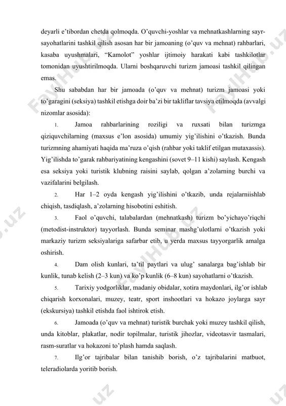 joylarga sayr (ekskursiya) tashkil etishda faol ishtirok etish. 6. jamoada (o’quv va mehnat) turistik burchak yoki muzey tashkil qilish, unda kitoblar, plakatlar, nodir topilmalar, turistik jihozlar, videotasvir tasmalari, rasm-suratlar va hokazoni to’plash hamda saqlash. 7. ilg’or tajribalar bilan tanishib borish, o’z tajribalarini matbuot, teleradiolarda yoritib borish. 8. shahar (tuman), viloyat va respublika turizm anjumanlari, musobaqalarida (slyot) faol ishtirok etish. 9. o’quvchi-yoshlarning yozgi oromgohlari, talabalarning sog’lomlashtirish-sport maskanlari va mehnatkashlarning dam olish uylari, sanatoriya, kurortlardagi sayohat ishlarida qatnashish, amaliy yordam berish. yuqoridagilardan ma’lumki, jamoalarda turistik klub yoki seksiyalarni tashkil qilishning ijtimoiy-madaniy va tarbiyaviy jihatdan afzalliklari ehtiyojlarga juda kattadir. shu sababdan havaskor turistlarning sonini ko’paytirish, ommaviy sayr va sayohatlarni tashkil qilish bugunning muhim vazifalaridan biri bo’lib hisoblanadi. 2. turistik klublar va seksiyalarning faoliyati mamlakatimiz mustaqilligi, olib borilayotgan turli xil tub islohotlar barcha sohalar kabi turizmda ham ishlarni aniq rejalashtirish, shart-sharoitlarni hisobga olish, ijroni amalga oshirish, nazorat qilish va tekshirish kabi eng zarur vazifalarni …