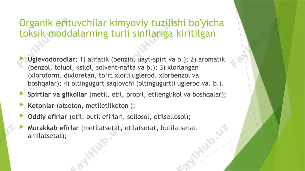 biridan farq qiladi. kasallikning klinik manzarasi bu moddaning organizmda qancha miqdorda bo'lishiga, shuningdek, odamning anashu moddaga nisbatan sezgirligiga, qolaversa, atrof-muhit boshqa omillarining noxush ta’siriga ham bog'liqdir. o‘tkir zaharlanish. benzol markaziy asab tizimining umumiy miya faoliyatini zararlantiradi. kasallikning yengil bosqichida bemorlarda quyidagi belgilar kuzatiladi: umumiy holsizlik, bosh aylanishi, quloqlaming shang'illashi, bosh og'rishi, ko'ngil aynishi. qayd qilish, gandiraklab yurish hollari qayd qilinadi. bu alomatlar vaqtinchalik bo'lib, bir necha soat ichida yo'qolishi mumkin. bunda boshqa a ’zolarda o'zgarishlar deyarli kuzatilmaydi. benzoldan o‘rtacha zaharlanganda umumiy holsizlik tezlashadi, yurak-tomir faoliyati buziladi, arterial qon bosimi pasayib ketadi. tomir tortishish. tonik va klonik tirishish, ko'z qorachig‘ining kengayishi kuzatiladi. bemor butunlay es-hushini yo'qotadi, komatoz holat yuz berishi mumkin. davolanish jarayonida m a’lum vaqt o'tgandan keyin odam butunlay sog'ayib ketadi, ba'zan astenovegetativ sindrom ko'rinishida turg'un o'zgarish qolishi mumkin. surunkali zaharlanish. bunda birinchi navbatda suyak iligida qon hosil bo'lish funksiyasi izdan chiqadi. nerv tizimidagi buzilishlar asosan gemolitik siljish fonida paydo …