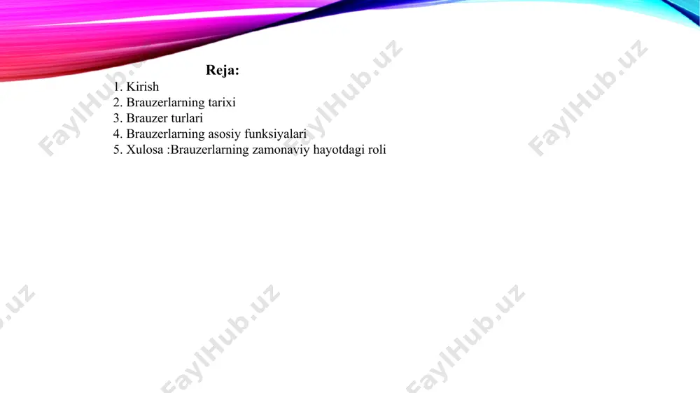 n. brauzerlarning tarixi: rivojlanishi va muhim bosqichlar 1. dastlabki bosqichlar (1990-yillar) worldwideweb (1990): tim berners-lee tomonidan yaratilgan birinchi brauzer. bu dastur html va http protokollaridan foydalanib, veb-sahifalarni ko'rsatishga imkon berdi. mosaic (1993): birinchi grafik brauzer bo'lib, foydalanuvchilarga rasm va matnni bir joyda ko'rsatishga imkon berdi. bu brauzer internetning ommalashuviga katta ta'sir ko'rsatdi. 2. brauzerlar raqobati (1994-2000) netscape navigator (1994): internetning eng mashhur brauzerlaridan biri bo'lib, uning foydalanuvchi interfeysi intuitiv edi. netscape brauzerlar bozorida katta ulushga ega bo'ldi. internet explorer (1995): microsoft tomonidan ishlab chiqilgan. bu brauzer windows operatsion tizimiga integratsiyalashgan holda, 2000-yillarga kelib bozorda ustunlikka erishdi. 3. brauzerlarning yangi avlodi (2000-yillar) firefox (2004): mozilla tomonidan ishlab chiqilgan bu brauzer, foydalanuvchilar orasida tezda mashhurlik qozondi. u xavfsizlik, maxfiylik va kengaytmalarga e'tibor qaratdi. google chrome (2008): tezlik va samaradorlikni birinchi o'ringa qo'ygan brauzer. chrome, oddiy interfeys va kuchli kengaytma ekotizimi bilan tanilgan. 4. mobil brauzerlarning kelishi (2010-yillar) mobil brauzerlar: smartfonlar va planshetlar …