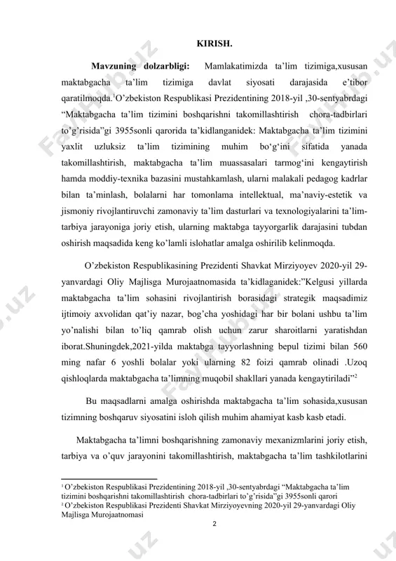 olish uchun zarur sharoitlarni yaratishdan iborat.shuningdek,2021-yilda maktabga tayyorlashning bepul tizimi bilan 560 ming nafar 6 yoshli bolalar yoki ularning 82 foizi qamrab olinadi .uzoq qishloqlarda maktabgacha ta’limning muqobil shakllari yanada kengaytiriladi”[footnoteref:2] [2: o’zbekiston respublikasi prezidenti shavkat mirziyoyevning 2020-yil 29-yanvardagi oliy majlisga murojaatnomasi] bu maqsadlarni amalga oshirishda maktabgacha ta’lim sohasida,xususan tizimning boshqaruv siyosatini isloh qilish muhim ahamiyat kasb kasb etadi. maktabgacha ta’limni boshqarishning zamonaviy mexanizmlarini joriy etish, tarbiya va o’quv jarayonini takomillashtirish, maktabgacha ta’lim tashkilotlarini yuqori malakali mutaxasisslar bilan to’ldirish, ularning infratuzilmasi va moddiy-texnik jihozlanishini yaxshilash,maktabgacha ta’lim tashkilotlari o’rtasida sog’lom raqobat muhitini yaratish maqsadida qator vazifalar amalga oshirilmoqda.o’zbekiston respublikasi prezidentining “2017-2021 yillarda maktabgacha ta’lim tizimini yanada takomillashtirish chora-tadbirlari to’g’tisida”gi, “maktabgacha ta’lim tizimi boshqaruvini tubdan takomillashtirish chora-tadbirlari to’g’risida”gi “o’zbekiston respublikasi maktabgacha ta’lim vazirligi faoliyatini tashkil etish to’g’risida”gi farmon va qarorlarning ijrosini ta’minlash bugungi kunda ushbu yo’nalishning qanchalik darajada dolzarbligidan dalolat beradi. kurs ishining maqsadi: maktabgacha pedagogika fanining maqsadi,vazifasi, uning shaxs kamolotidagi ahamiyatini …