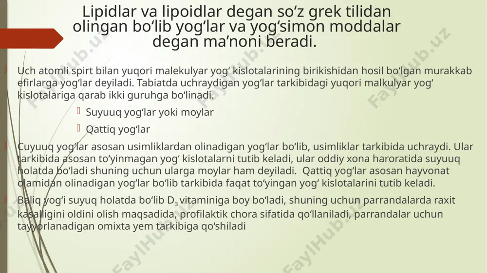 17,2-28,3 kungaboqar 23,545,0 yog‘ kislotalari tarkibida bir atom uglerodga ikki atom va undan ko‘p vodorod to‘g‘ri kelsa, ularni to‘yingan yog‘ kislotalari deyiladi. . agar bir atom uglerodga ikkitadan kam vodorod to‘g‘ri kelsa bunday yog‘ kislotalarni to‘yinmagan yog‘ kislotasi deyiladi. yog‘lar tarkibida 30 dan ortiq har xil yog‘ kislotalari mavjuddir. o‘simlik moylari aralash yog‘ kislotalaridan iborat triglitsiridlardan tashkil topgan. aralash yog‘ kislotali moylarga paxta moyi misol bo‘lishi mumkin. paxta moyida deb yozadi l.p.bezzubiy (1956) 40-45% linolat, 30-35% oleinat va 20-22% pal’mitat yog‘ kislotalari bo‘ladi. hozirgacha 1300 xildan ortiq yog‘lar ma’lum bo‘lib, ular tarkibidagi yog‘ kislotalar va hosil qilgan glitsiridlarining turiga qarab bir-biridan farq qiladi. linolat, linolenat va araxidonat yog‘ kislotalarinint molekular tuzilishida ikkitadan ortiq qo‘sh belbog‘lari bor. shuning uchun ular yarim to‘yinmagan yog‘ kislotalari guruhiga kiradi. o‘simlik va hayvon organizmidagi moylar tarkibiga oddiy molekular tuzilishdagi to‘yingan va to‘yinmagan yog‘ kislotalari kiradi. o‘simlik va hayvon organizmidagi moylar tarkibiga oddiy molekular tuzilishdagi to‘yingan …