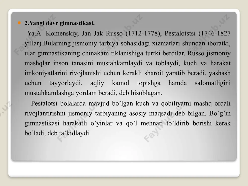 ka urushda uchraydigan turli to’siqlardan oshib o‘tishni askarlarga o‘rgatish vositasi hisoblanardi). nemisgimnastika tizimi. napoleon qo'shinlari prussiyani egallab turgan davrda tarkib topa boshladi. bu tizimning asoschisi f. yan (1778—1852) edi. f.yan gimnastikadan mamlakatni bosqinchilardan ozod qilish maqsadida yoshlarga harbiy tayyorgarlik berish uchun foydalanishga intildi. gimnastika jihozlaridagi mashqiar va harbiy o‘yinlar bu tizimning asosini tashkil qilar, chunki ular, yanning fikricha, odamning jisrnoniy kuchini rivojlantirib, irodasini mustahkamlar edi. u o ‘zining gimnastikasini «turnkunst» (epchillik san’ati), shogirdlarini esa «turnerlar» deb atadi. keyinchalik nemis gimnastikasi «turnen» nomini oldi. yan frizen eyzelen bilan birgalikda gimnastika mashqlari texnikasini ishlab chiqdi. «nemis gimnastikasi» darsligi nashr etilib, unda o ‘sha vaqtda ma'lum bo'lgan jihozlarda bajariladigan hamma mashqlaming tavsifi berilgan edi. mashqlarni bajarayotganda shug‘ullanuvchilardan boshni to ‘g‘ri tutish, oyoq uchlari cho‘zilgan bo‘lishi, gavdani harbiycha to ‘g‘ri tutish, to‘g“ri chiziq bo‘ylab harakat qilish talab qilinardi. mashg‘ulotlarda musobaqa usulidan foydalanilardi, bu esa shug‘ullanuvchilarning qiziqishini juda ham oshirarva ular bir xildagi mashqni behisob …