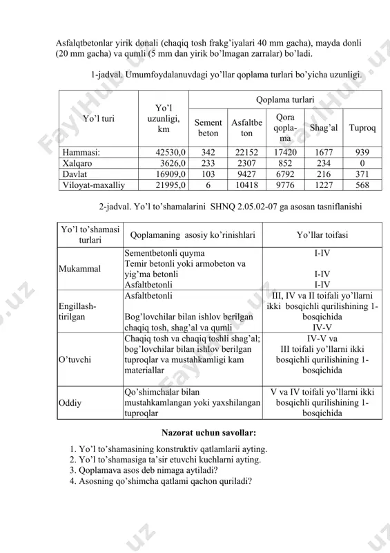 nli yoki armobeton va yig’ma betonli asfaltbetonli i-iv i-iv i-iv engillash-tirilgan asfaltbetonli bog’lovchilar bilan ishlov berilgan chaqiq tosh, shag’al va qumli iii, iv va ii toifali yo’llarni ikki bosqichli qurilishining 1-bosqichida iv-v o’tuvchi chaqiq tosh va chaqiq toshli shag’al; bog’lovchilar bilan ishlov berilgan tuproqlar va mustahkamligi kam materiallar iv-v va iii toifali yo’llarni ikki bosqichli qurilishining 1-bosqichida oddiy qo’shimchalar bilan mustahkamlangan yoki yaхshilangan tuproqlar v va iv toifali yo’llarni ikki bosqichli qurilishining 1-bosqichida nazorat uchun savollar: 1. yo’l to’shamasining konstruktiv qatlamlarii ayting. 2. yo’l to’shamasiga ta’sir etuvchi kuchlarni ayting. 3. qoplamava asos deb nimaga aytiladi? 4. asosning qo’shimcha qatlami qachon quriladi? image1.jpeg image2.png