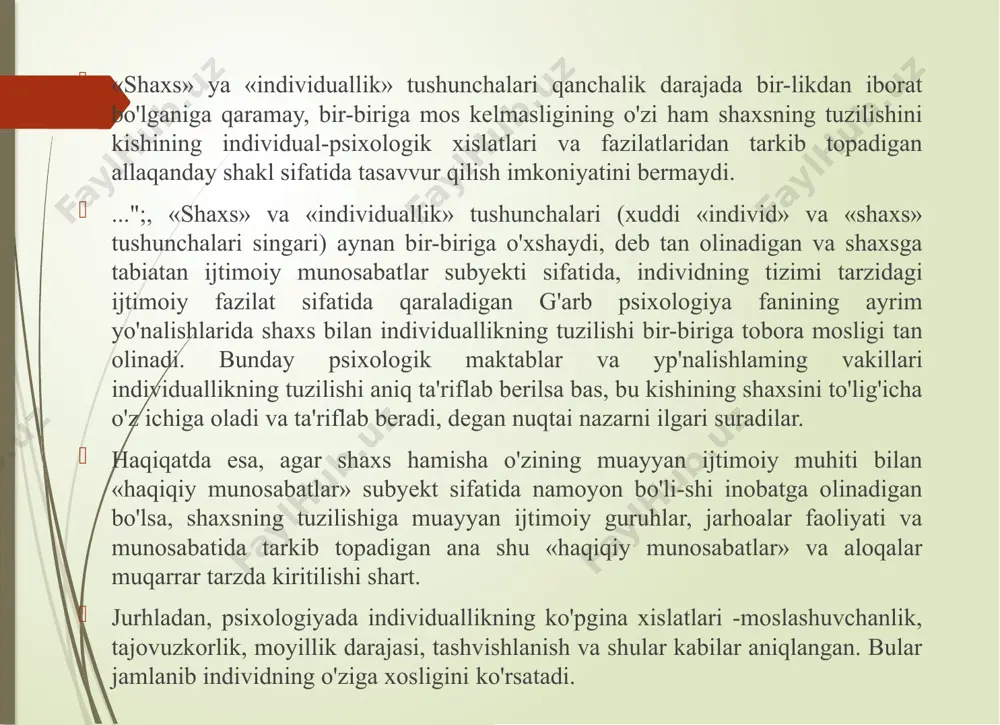 l -biologik hamda ijtimoiy omillar ta'wri ostida shakllangan ikkita asosiy kichik tuzilma borligini alohida ta'kidlaydigan nazariya sezilarli o'rin egallaydi.inson shaxsining o'zi «endopsixik» va «ekzopsixik» tuzilishga bo'linadi, degan fikr ham tfgari suriladi. shaxs tuzilishining ichki tuzi­lishi sifatida «endopsixika» bamisoli kishining asab-psixik tuzilishiga o'xshash bo'lgan inson shaxsining ichki mexanizmi kabi psixik qism-lar va funksiyalarning o'zaro ichki bogiiqligini ifoda etadi. ekzopsi-xikaning tashqi muhitga munosabati bilan, ya'ni shaxs qanday bo'1 masin, baribir munosabatga kirishishi mumkin bo'lgan va shaxsga qa-rama-qarshi turadigan tuzilishlarining barchasiga nisbatan munosabati bilan belgilanadi «endopsixika» rnoyillik, xotira, tafakkur va xayol jxususiyatlari, irodaviy zo'r berish, tashqi ta'sirlarga beriluvchanlik kabi boshqa xis-latlarni, «ekzopsixika» esa kishi munosabatlari tizimi va uning tajriba-sini, qiziqishlarini, moyilliklarini, ideallarini ustun darajadagi his-tuyg'ularini shakllangan bilimlari va boshqa belgilarini o'z ichiga oladi. tabiiy asosdagi «endopsixika» ijtimoiy omil bilan belgilanadi-gari «ekzopsixika»ga qarama-qarshi oiaroq, biologik jihat bilan bog'liqdir.tabiiy tarkibiy jihatlar va belgilar kishi shaxsining individuallik tuzilishida uning ijtimoiy jihatdan taqozo etilgan qismlari sifatida mavjud …