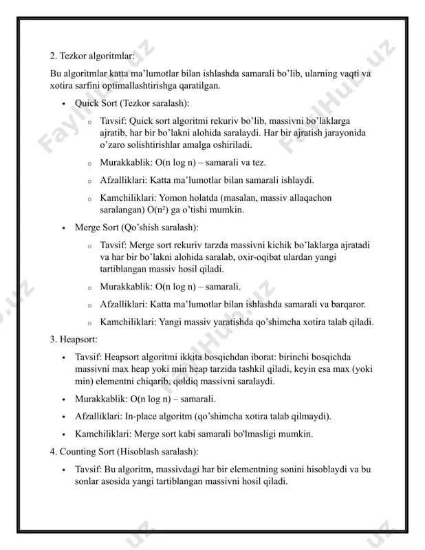 ing ishlash vaqti taxminan 1,000,000 ta operatsiya bajaradi. · o(n log n) murakkablikdagi algoritmlar: · merge sort, quick sort, heapsort kabi samarali algoritmlar bu murakkablikka ega. · bu algoritmlar katta ma’lumotlar bilan ishlashda samarali va tezkor ishlaydi. vaqt murakkabligi n log n bo‘lib, bu n soni ortgan sari ancha samarali hisoblanadi. · misol: agar ma’lumotlar soni n = 1,000 bo‘lsa, ishlash vaqti faqat 10,000 ta operatsiya bo‘lishi mumkin, bu n² ga nisbatan ancha tezdir. · o(n) murakkablikdagi algoritmlar: · counting sort, radix sort kabi algoritmlar o(n) murakkablikka ega bo‘lishi mumkin. bu algoritmlar faqat maxsus sharoitlarda ishlaydi, masalan, ma’lumotlar butun sonlar bo‘lsa va ularning maksimal qiymati kichik bo‘lsa. · misol: agar ma’lumotlar soni n = 1,000 bo‘lsa, bu algoritmlar 1,000 operatsiya bilan ishlashi mumkin. 2. xotira murakkabligi (space complexity) xotira murakkabligi algoritmning ishlashi uchun qancha qo‘shimcha xotira zarur bo‘lishini bildiradi. ba’zi algoritmlar ma’lumotlarni joylashtirishda qo‘shimcha xotira talab qiladi, boshqalari esa o‘z …